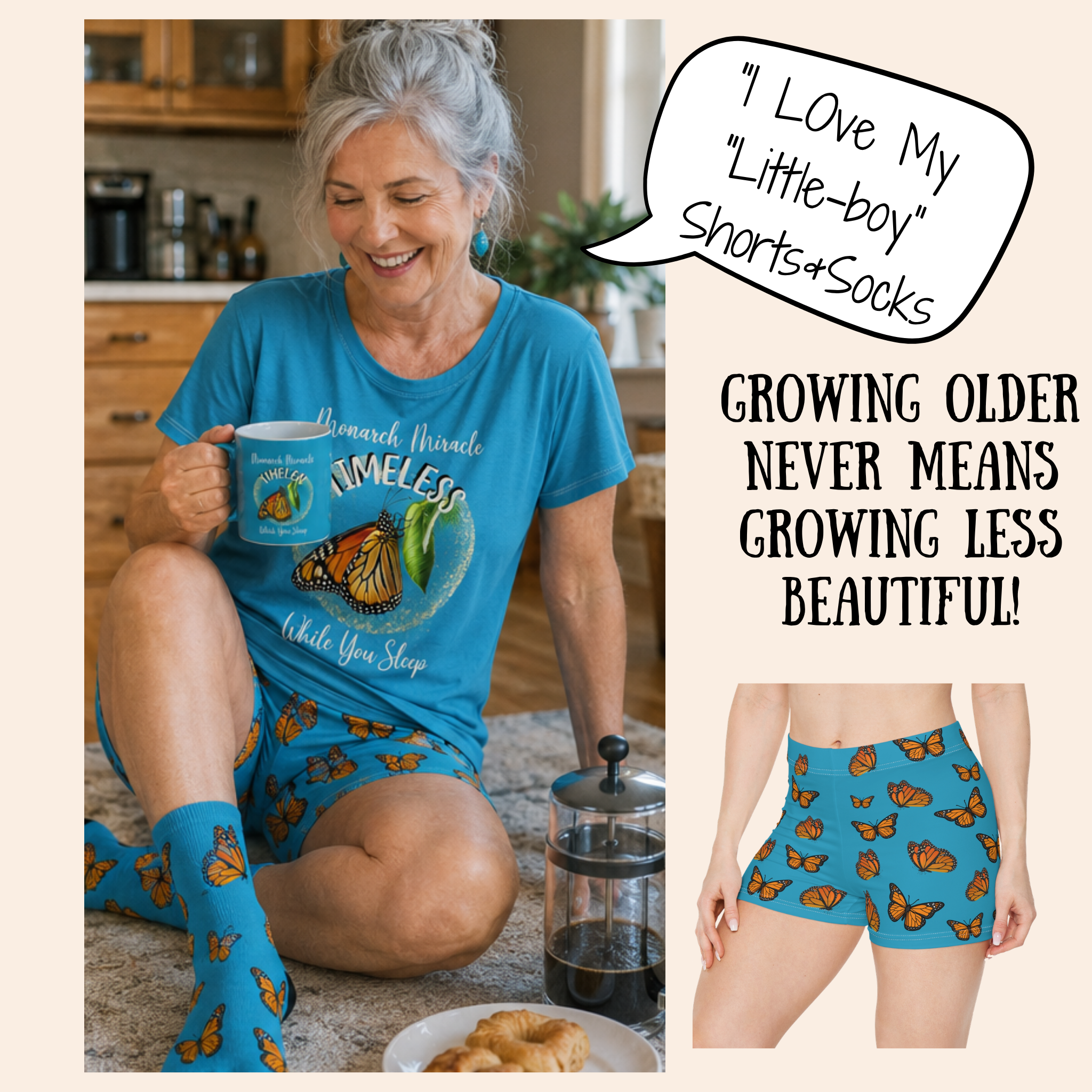 Women's Monarch Miracle Tantalizing Teal Inspirational Sleeper T-Dress With-A-Message! Mix & Match CC Blu's SlumberWear Shorts & Socks
