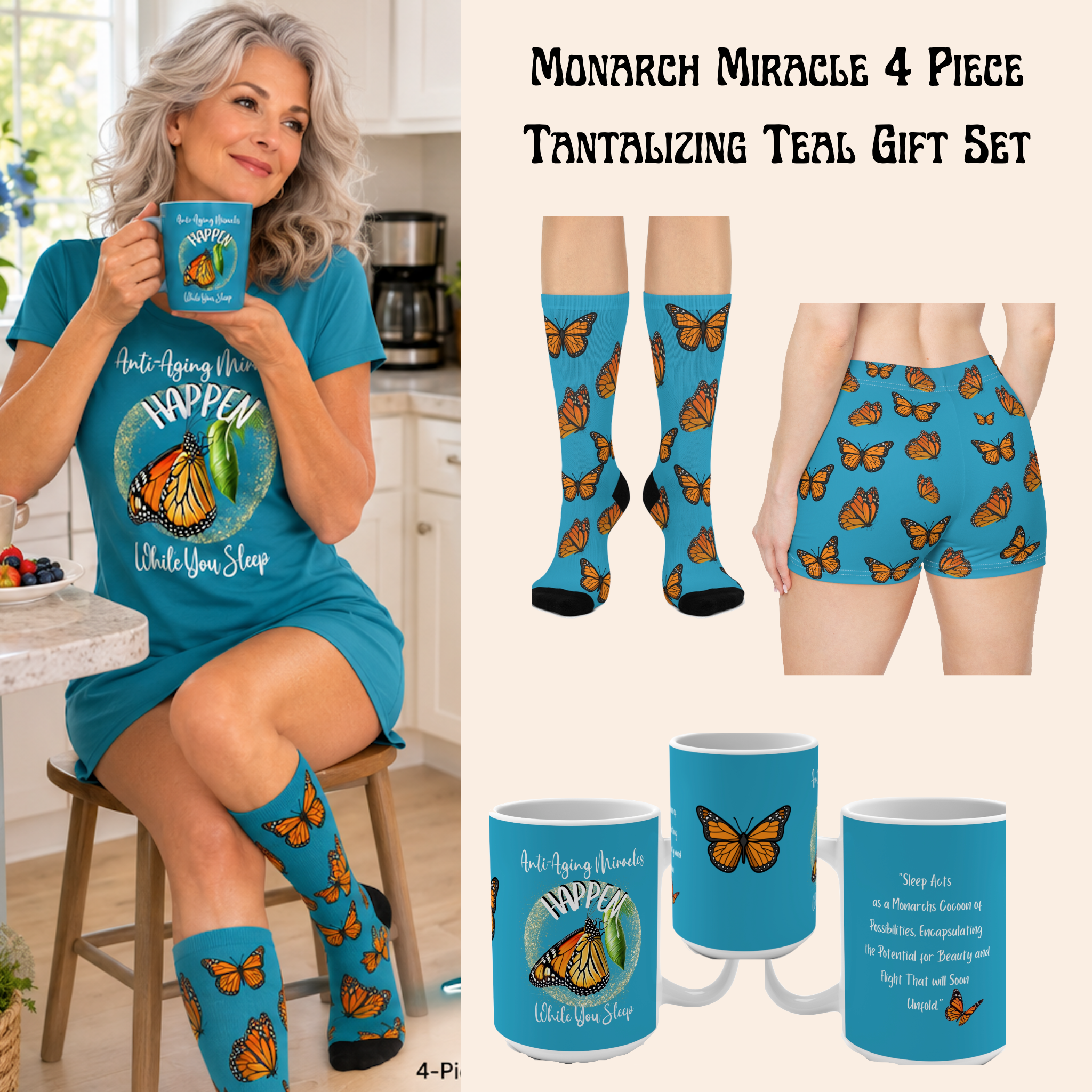 Women's Monarch Miracle Tantalizing Teal Inspirational Sleeper T-Dress With-A-Message! Mix & Match CC Blu's SlumberWear Shorts & Socks
