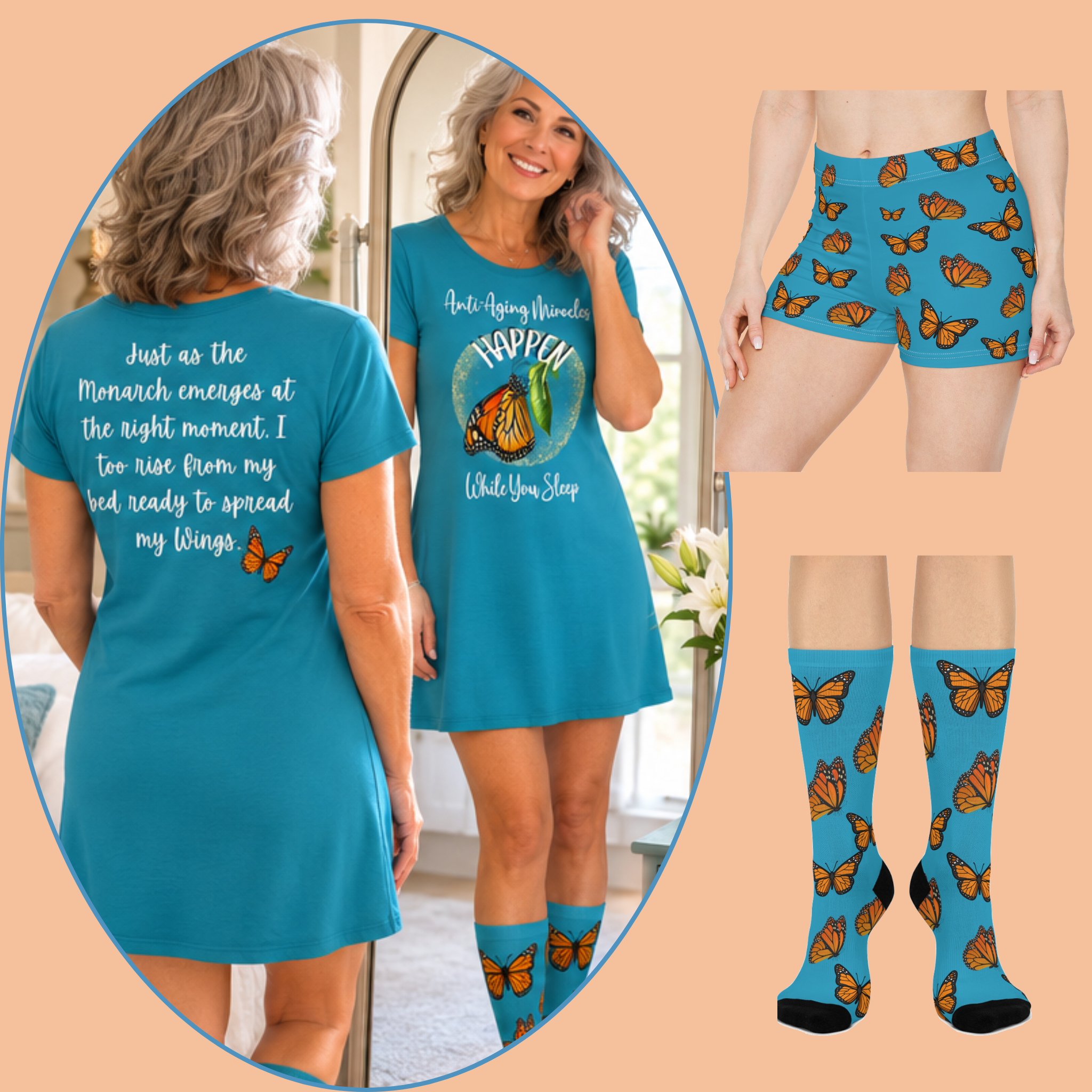Women's Monarch Miracle Tantalizing Teal Inspirational Sleeper T-Dress With-A-Message! Mix & Match CC Blu's SlumberWear Shorts & Socks
