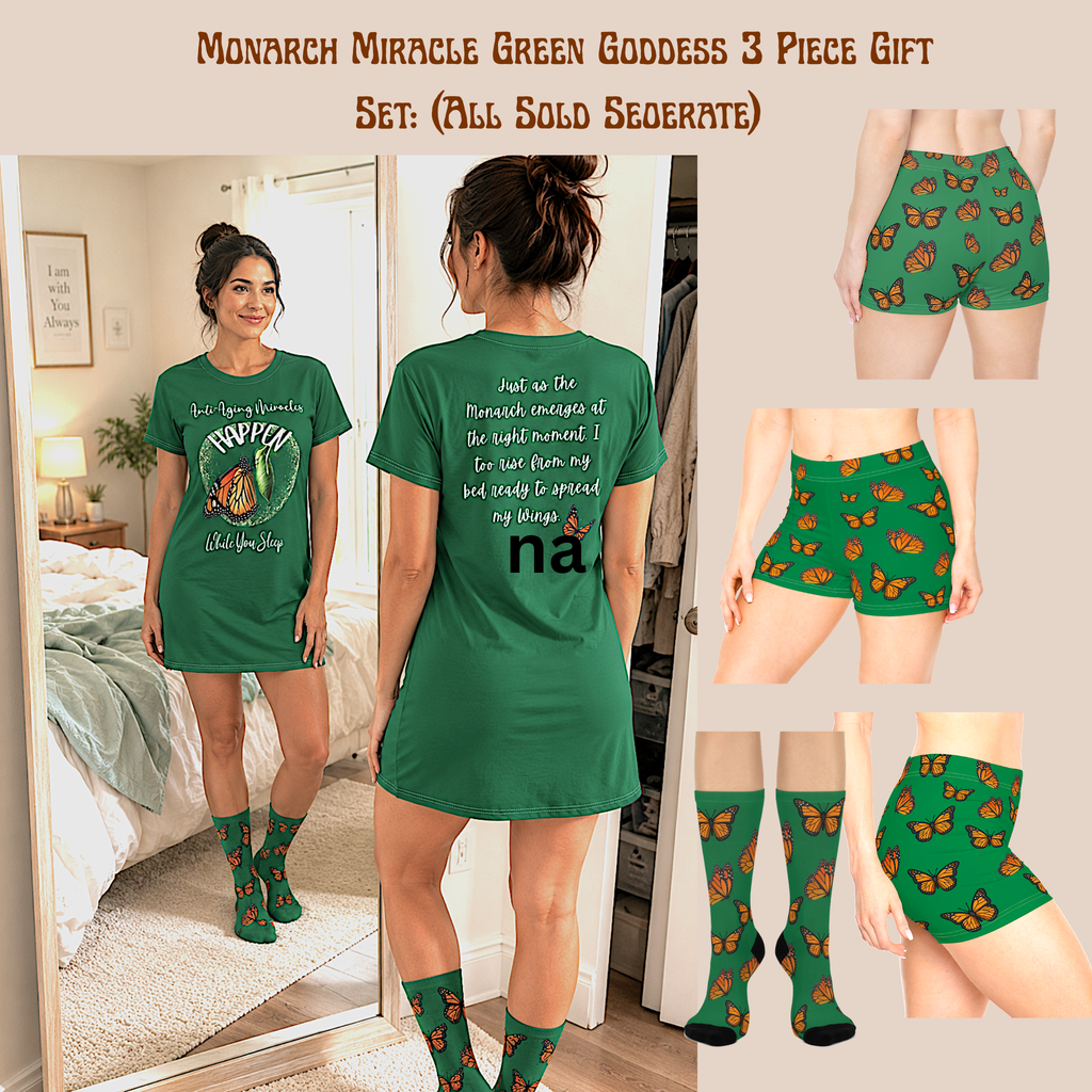 Monarch  Miracle "Green Goddess Little-Boy" Sleep-Shorts, Designed to Pair With CC Blue's Nighttime T-Dress & Matching Super Mother's-Hugging" Socks.
