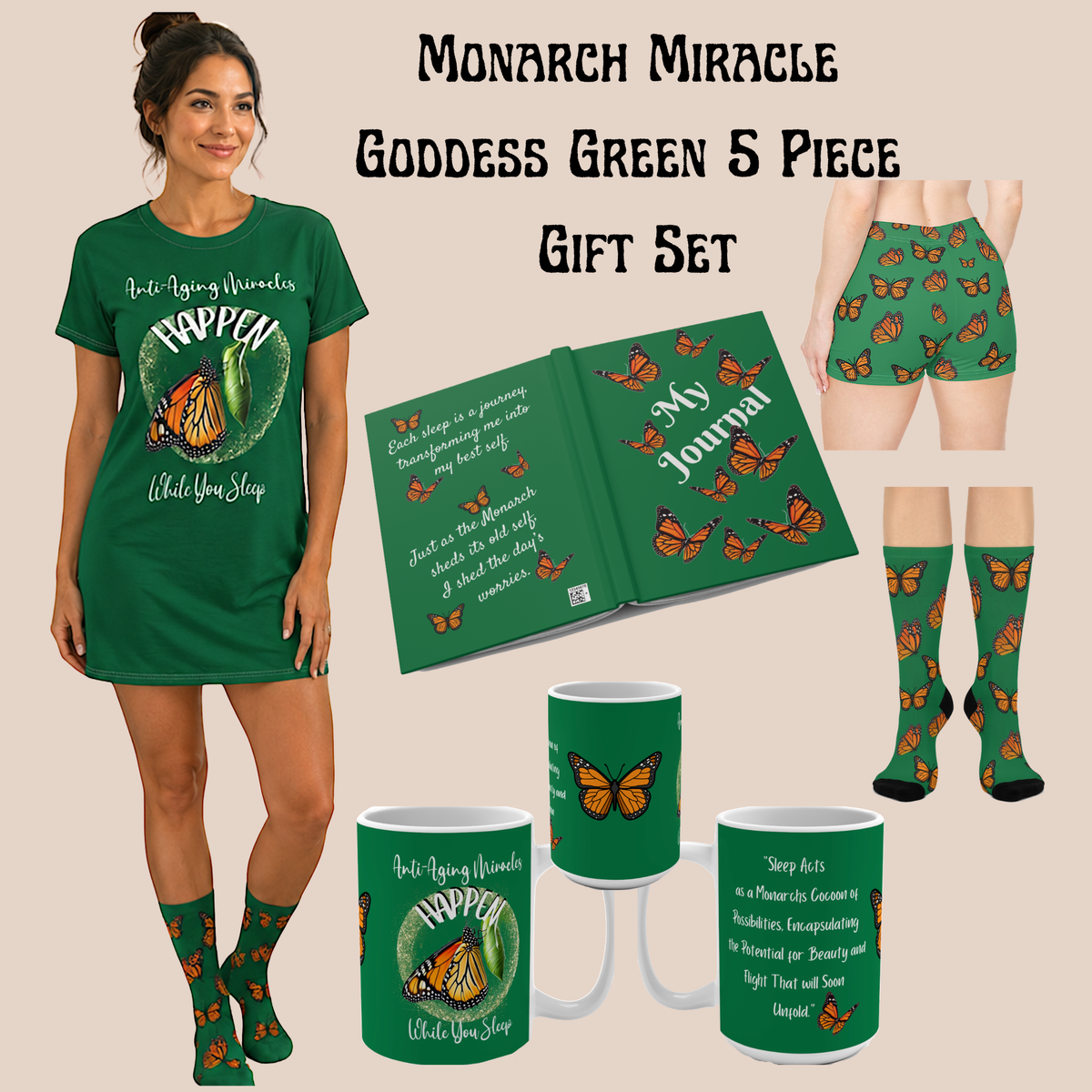 Monarch  Miracle "Green Goddess Little-Boy" Sleep-Shorts, Designed to Pair With CC Blue's Nighttime T-Dress & Matching Super Mother's-Hugging" Socks.