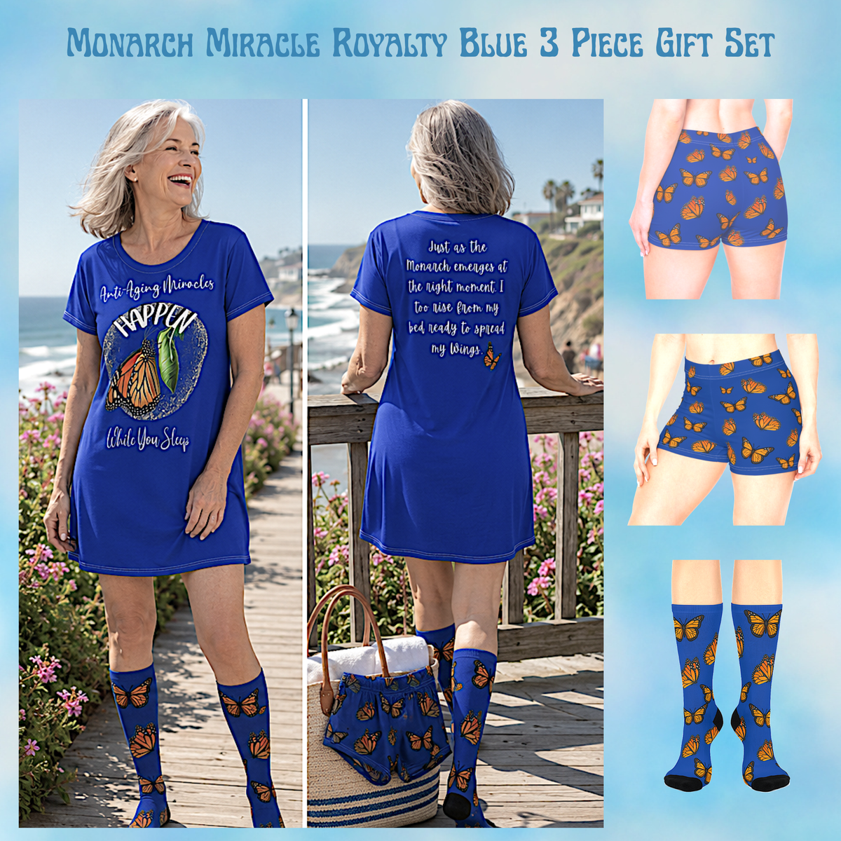 Monarch  Miracle Royalty Blue "Little-Boy" Sleep-Shorts, Designed to Pair With CC Blue's Nighttime T-Dress & Matching Super Mother's-Hug" Socks.