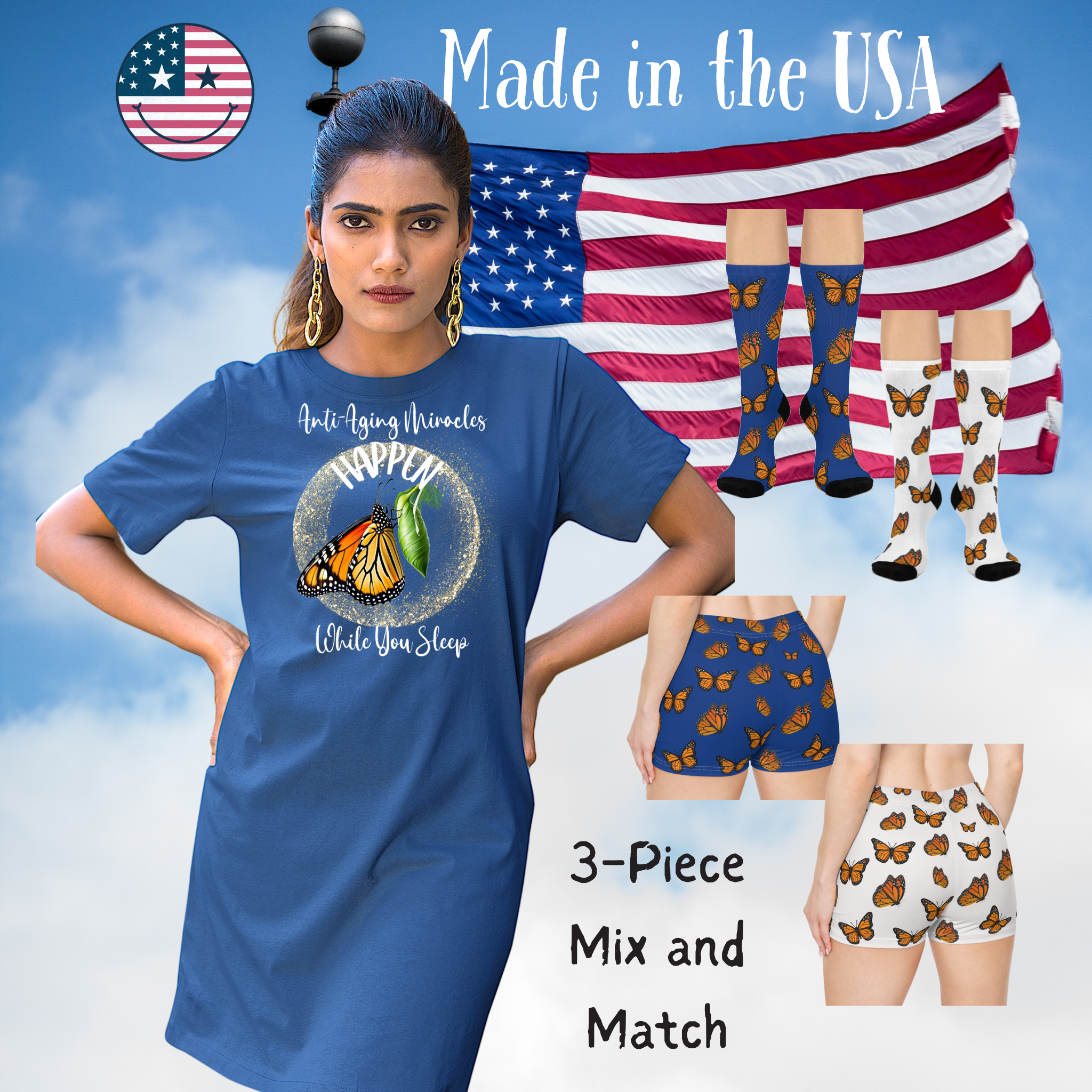 Monarch  Miracle Royalty Blue "Little-Boy" Sleep-Shorts, Designed to Pair With CC Blue's Nighttime T-Dress & Matching Super Mother's-Hug" Socks.