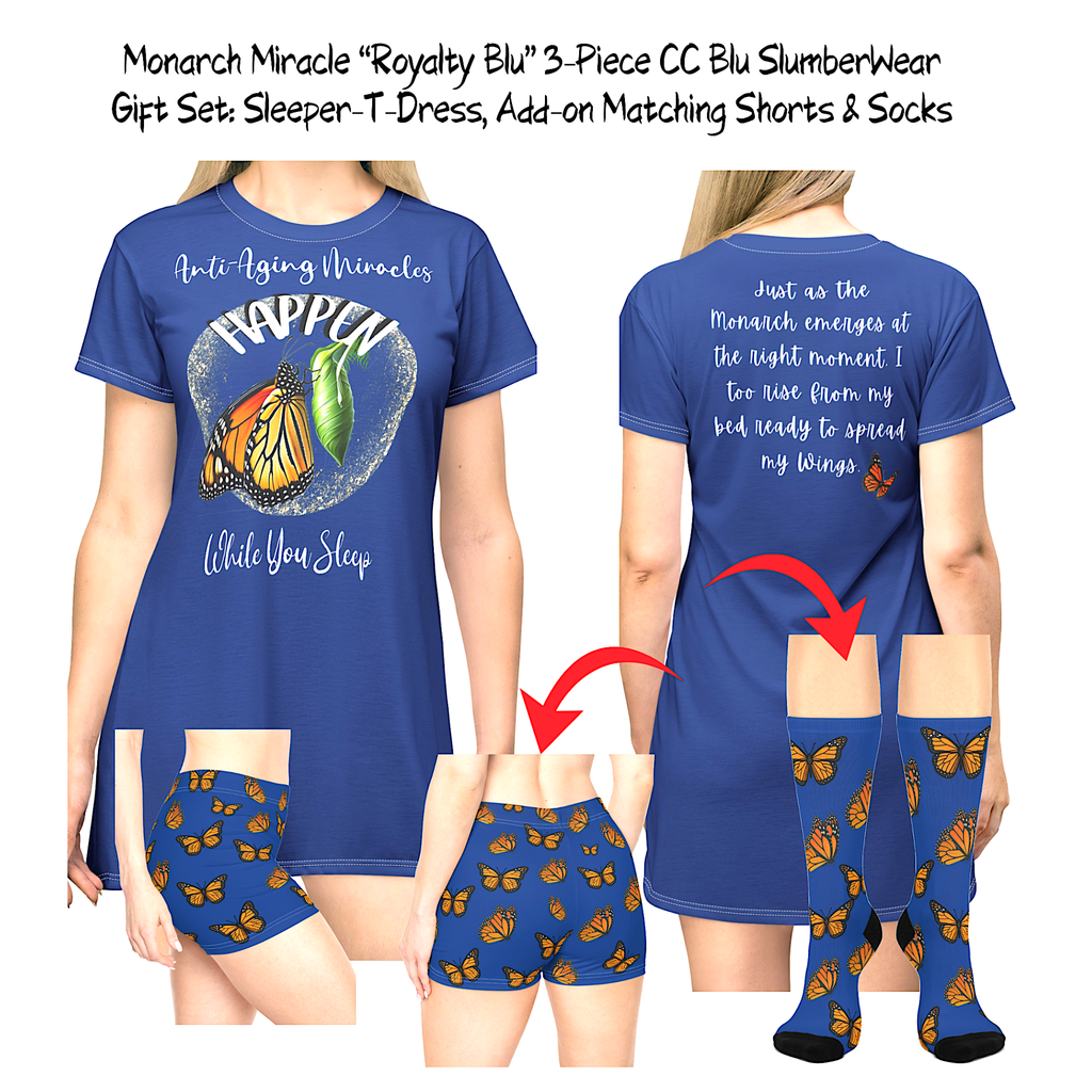 Monarch  Miracle Royalty Blue "Little-Boy" Sleep-Shorts, Designed to Pair With CC Blue's Nighttime T-Dress & Matching Super Mother's-Hug" Socks.