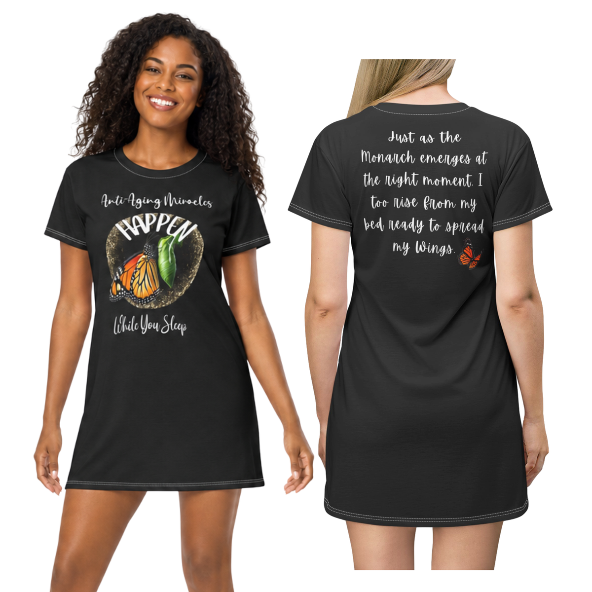 Women's  Monarch Miracle Bashful Black Sleeper T-Dress With Inspirational Message on front & Back. Add CC Blu's Matching Sleep-Shorts & Socks!