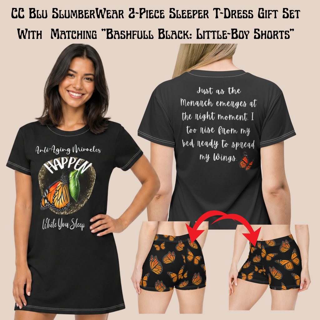Women's  Monarch Miracle Bashful Black Sleeper T-Dress With Inspirational Message on front & Back. Add CC Blu's Matching Sleep-Shorts & Socks!