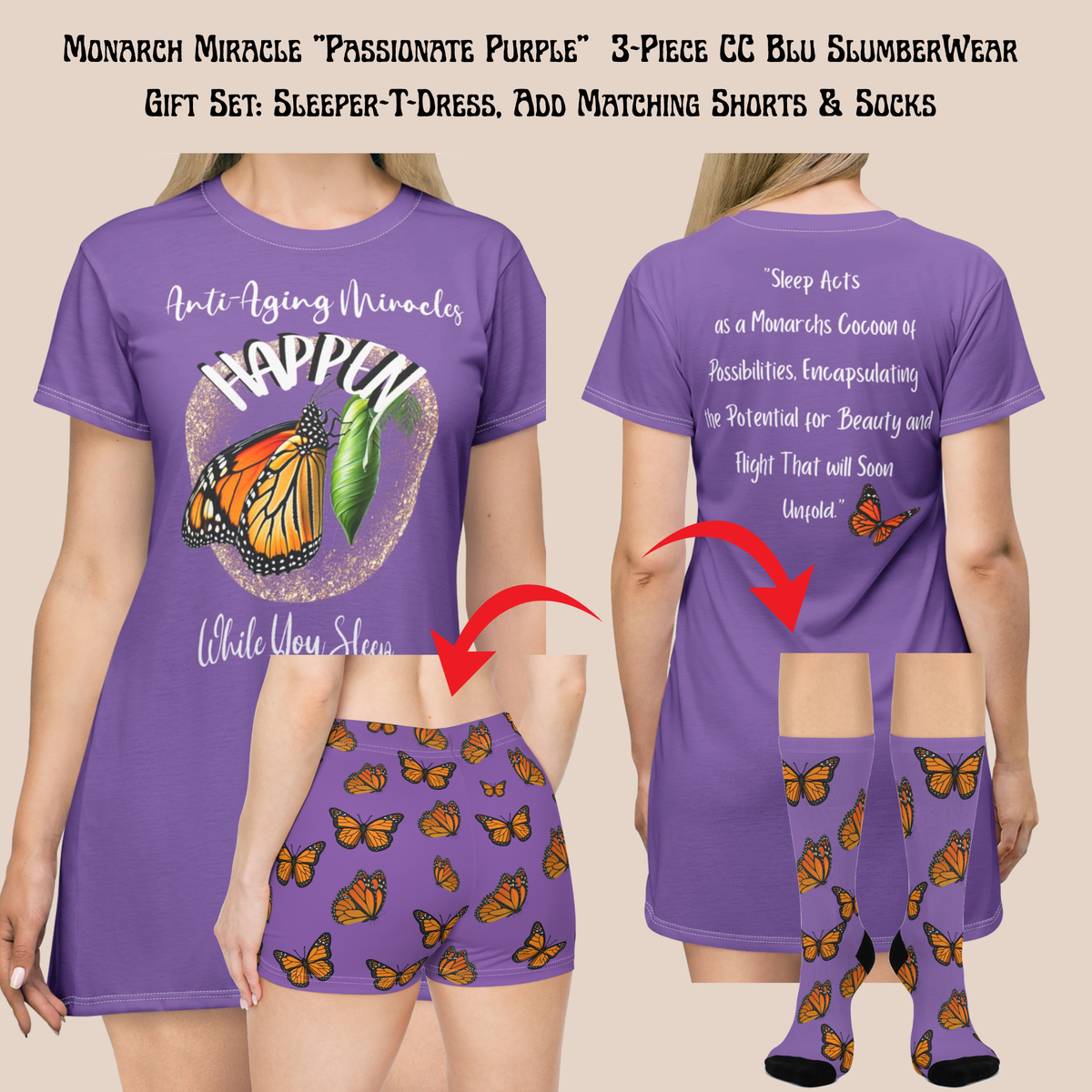 Monarch  Miracle Passionate Purple "Little-Boy" Sleep-Shorts, Designed to Pair With CC Blue Nighttime T-Dress & Matching Super Mother's-Hug" Socks.