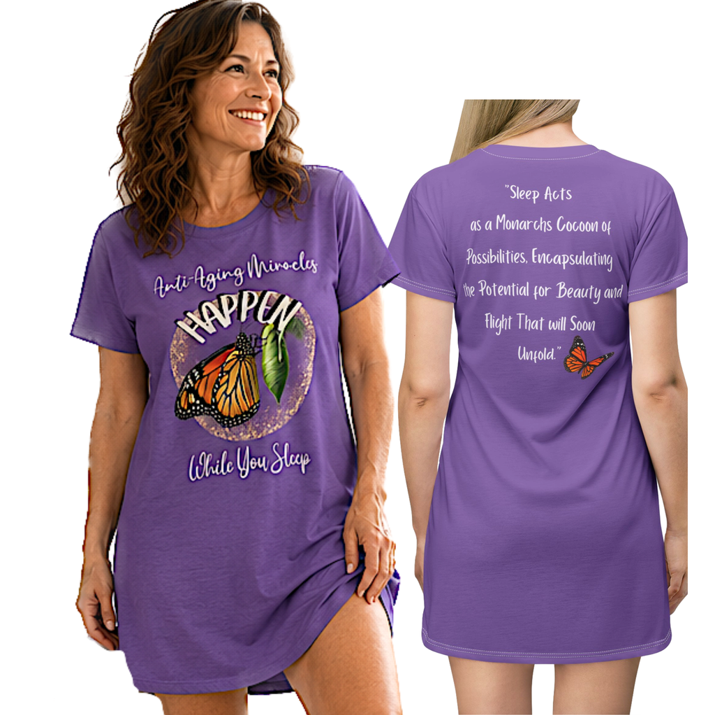 Women's Monarch Miracle Inspirational Passionate Purple Sleep-Shirt T-Dress With-A-Message! Add Matching SlumberWear Shorts & Socks