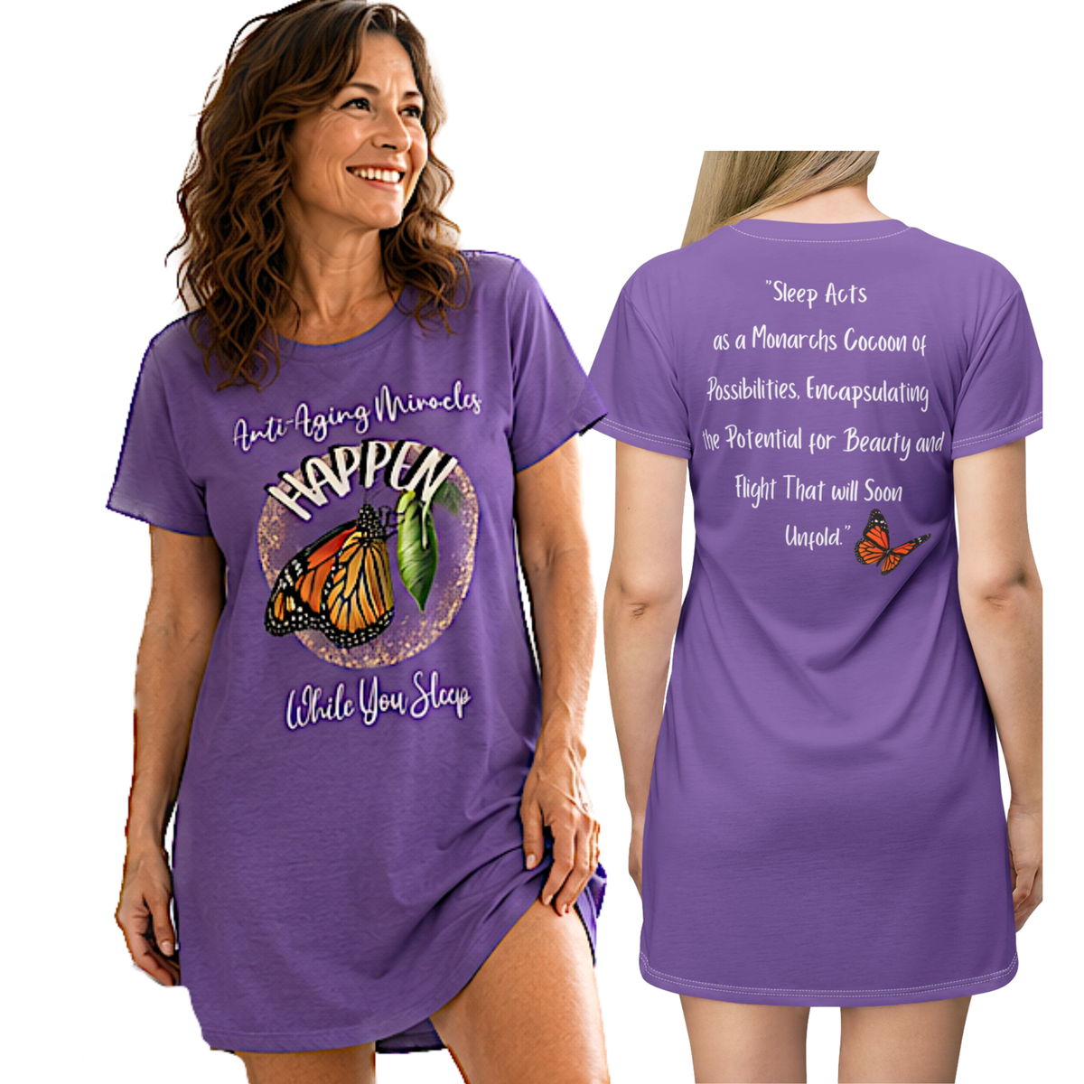 Women's Monarch Miracle Inspirational Passionate Purple Sleep-Shirt T-Dress With-A-Message! Add Matching SlumberWear Shorts & Socks