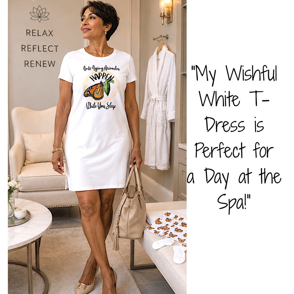 Inspirational Women's Monarch Miracle Wishful White Sleep-Shirt T-Dress With-A-Message! Add CC Blu's Matching SlumberWear Shorts & Socks!