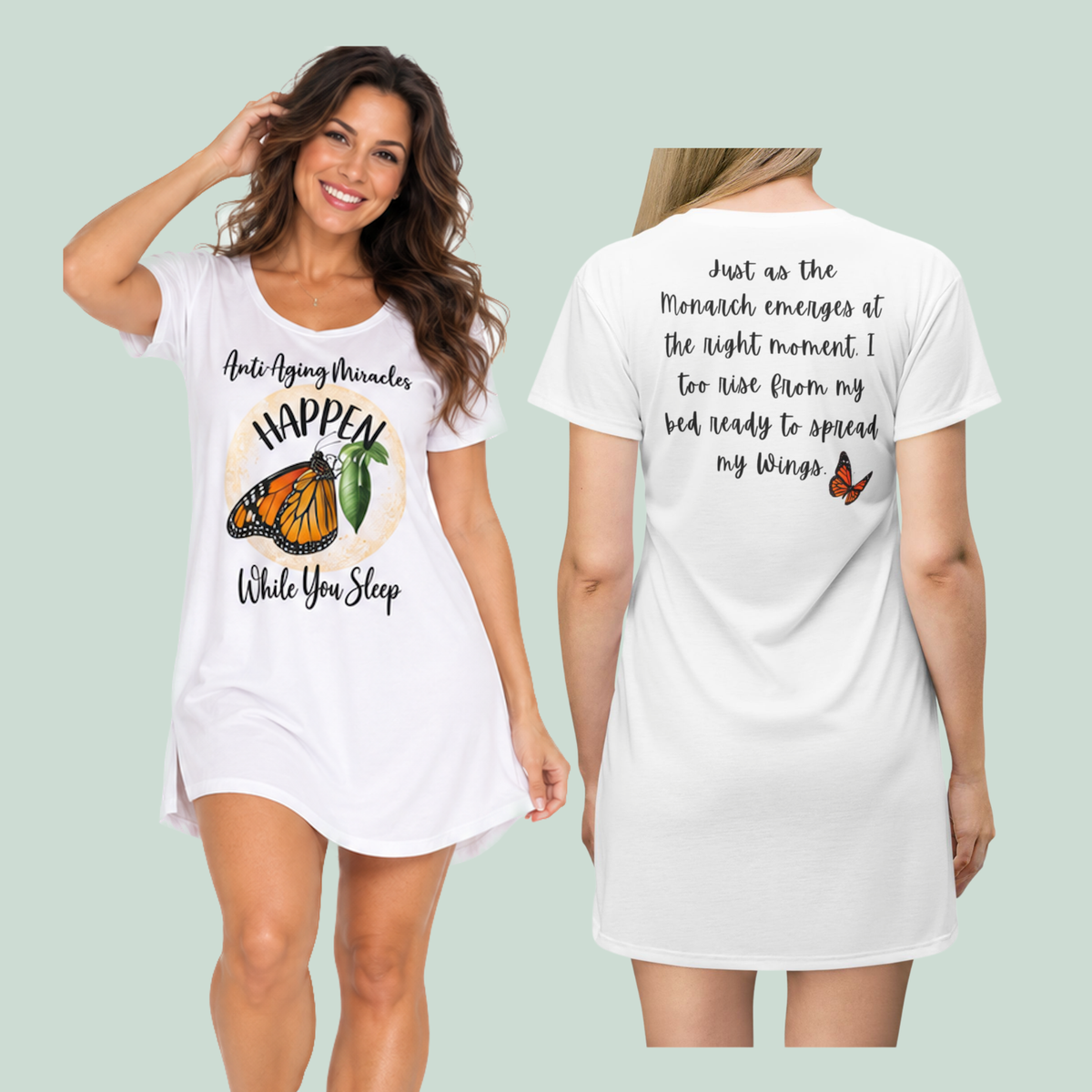 Inspirational Women's Monarch Miracle Wishful White Sleep-Shirt T-Dress With-A-Message! Add CC Blu's Matching SlumberWear Shorts & Socks!