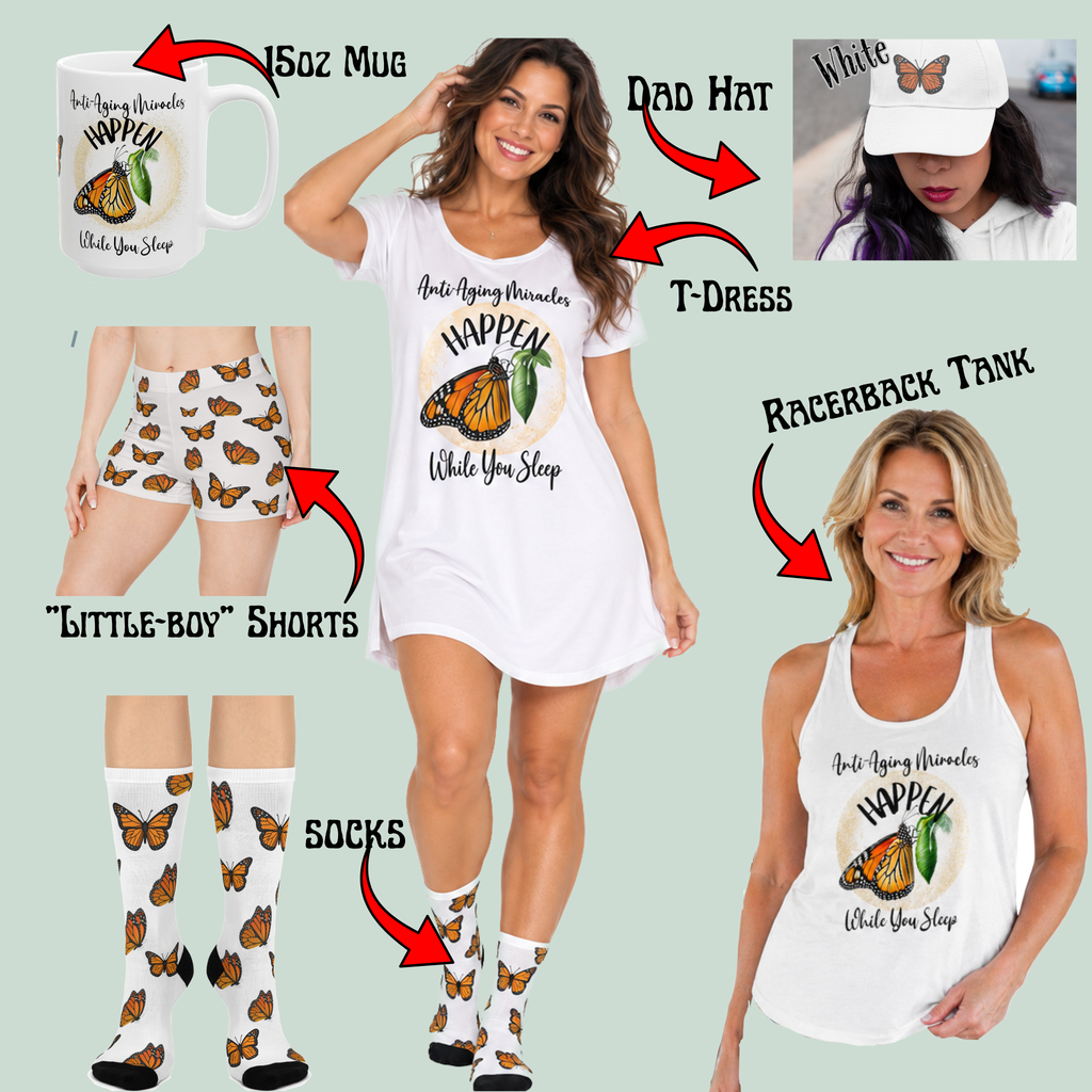 Inspirational Women's Monarch Miracle Wishful White Sleep-Shirt T-Dress With-A-Message! Add CC Blu's Matching SlumberWear Shorts & Socks!