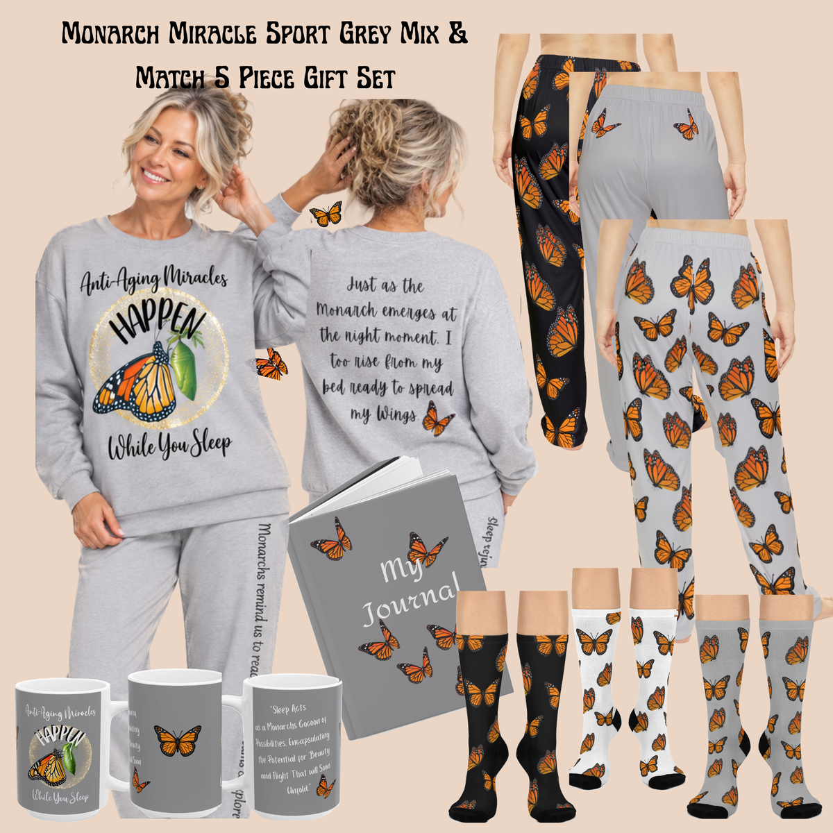 Women's Inspirational Sport Grey Monarch PJ Bottoms With-A-Message! Mix & Match With CC Blu's SlumberWear Gift Sets For Women.