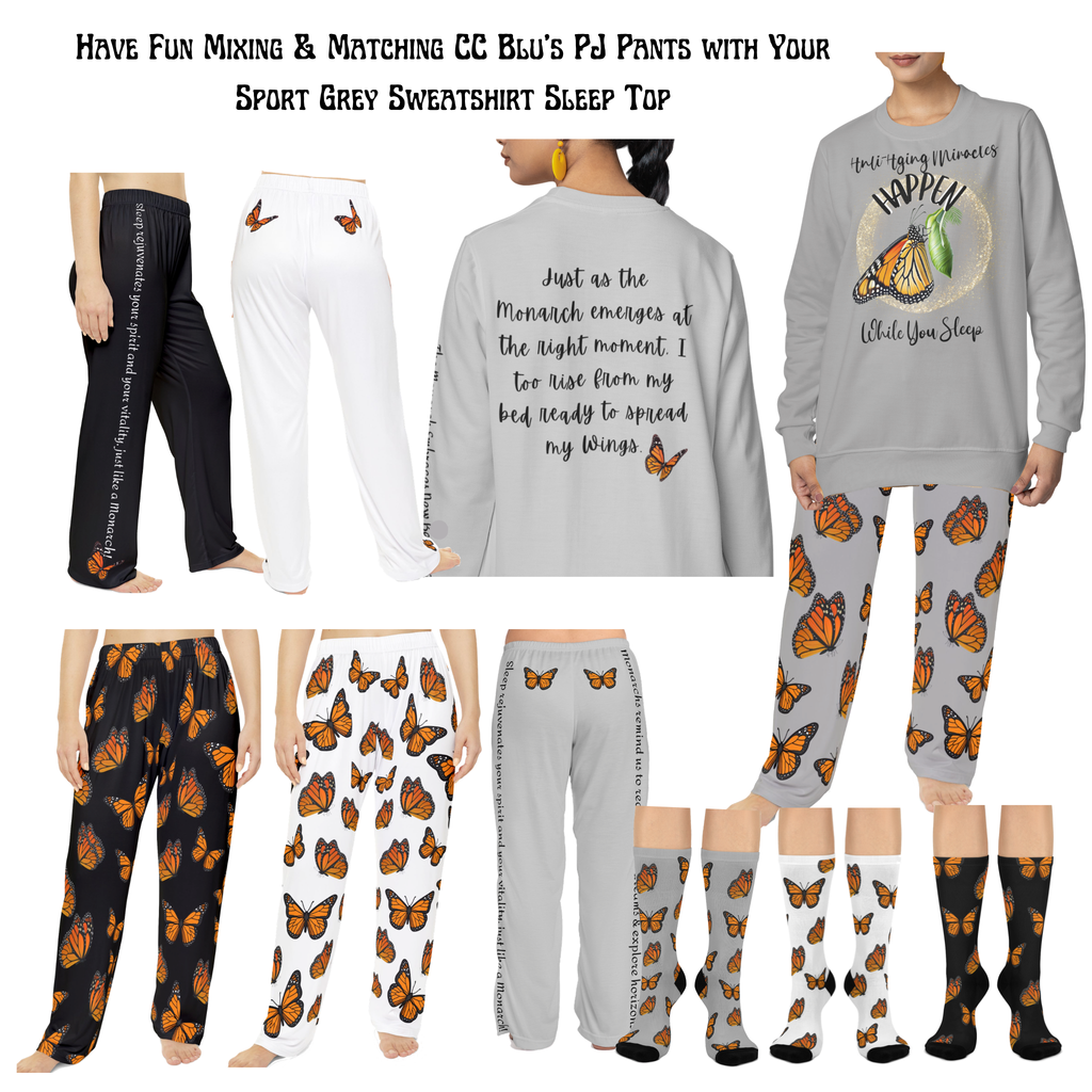 Women's Monarch Miracle Inspirational Sport Grey Butterfly Pajama Pants. Made to Mix & Match CC Blu's Butterfly SlumberWear.
