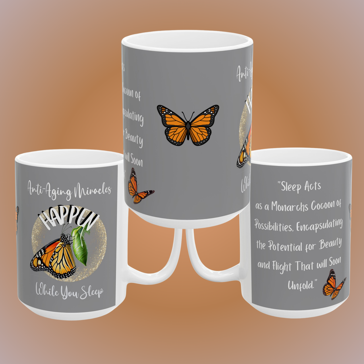 Monarch Miracles Sport Grey 15oz Designer "Mug-With-A-Message."  Start Your Day Ready to Fly!