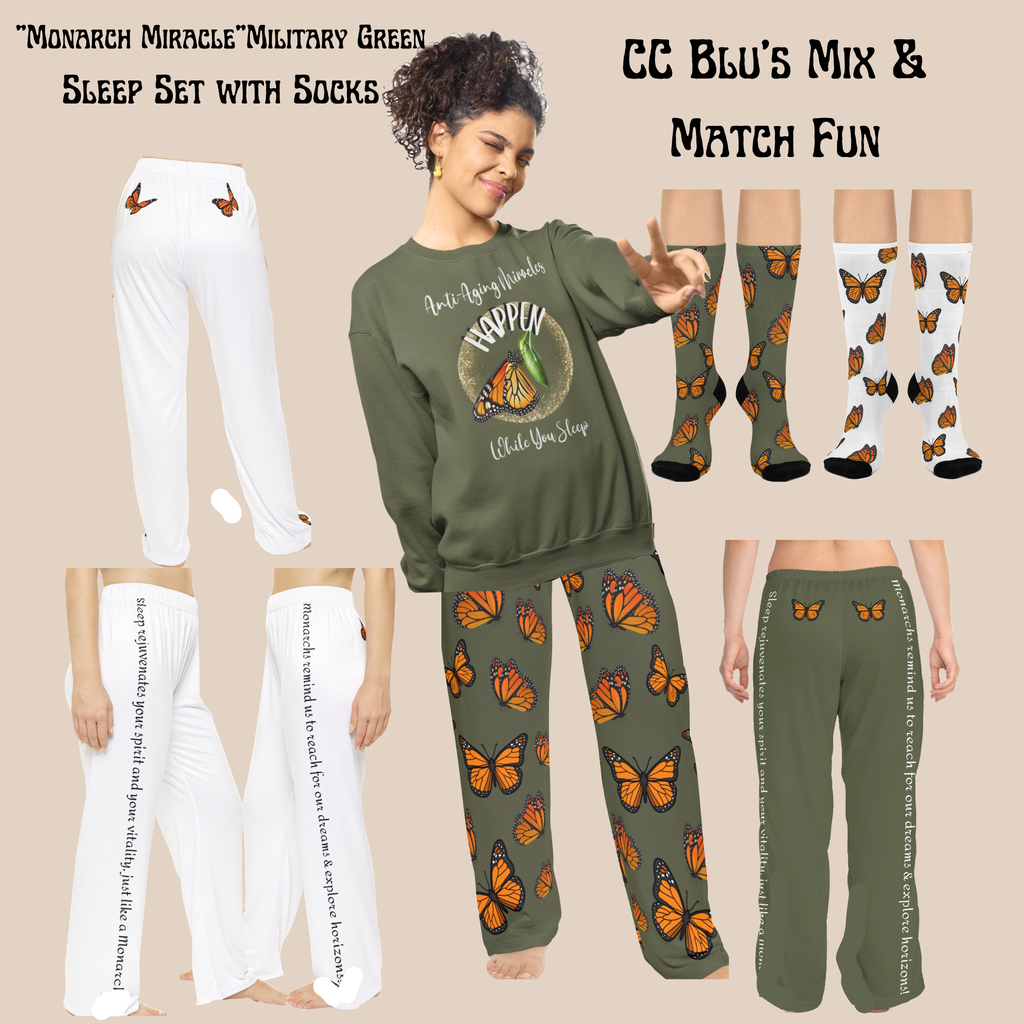 Women's Military Green Sweatshirt Style Pajama Top With-A-Message Mix & Matches CC Blu's PJ Pants & Socks Gift Sets.