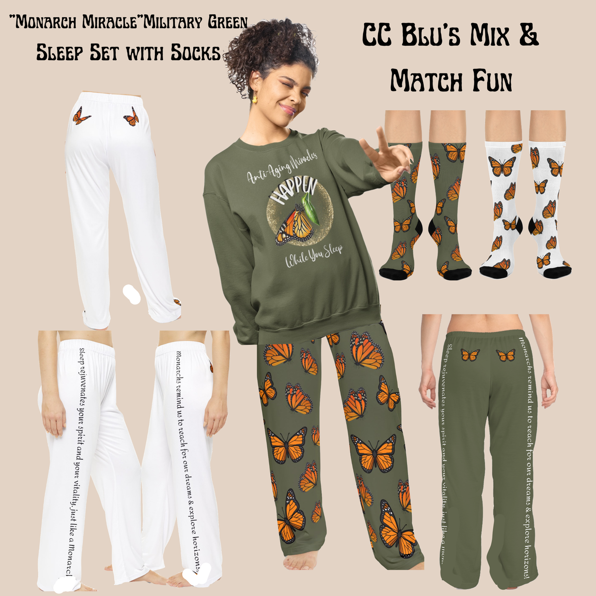Women's Military Green Sweatshirt Style Pajama Top With-A-Message Mix & Matches CC Blu's PJ Pants & Socks Gift Sets.