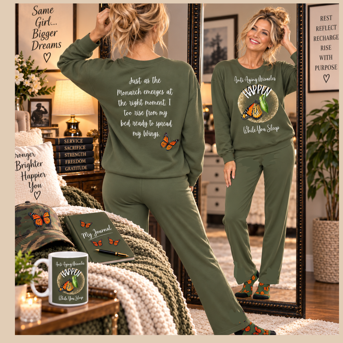 Women's Military Green Sweatshirt Style Pajama Top With-A-Message Mix & Matches CC Blu's PJ Pants & Socks Gift Sets.