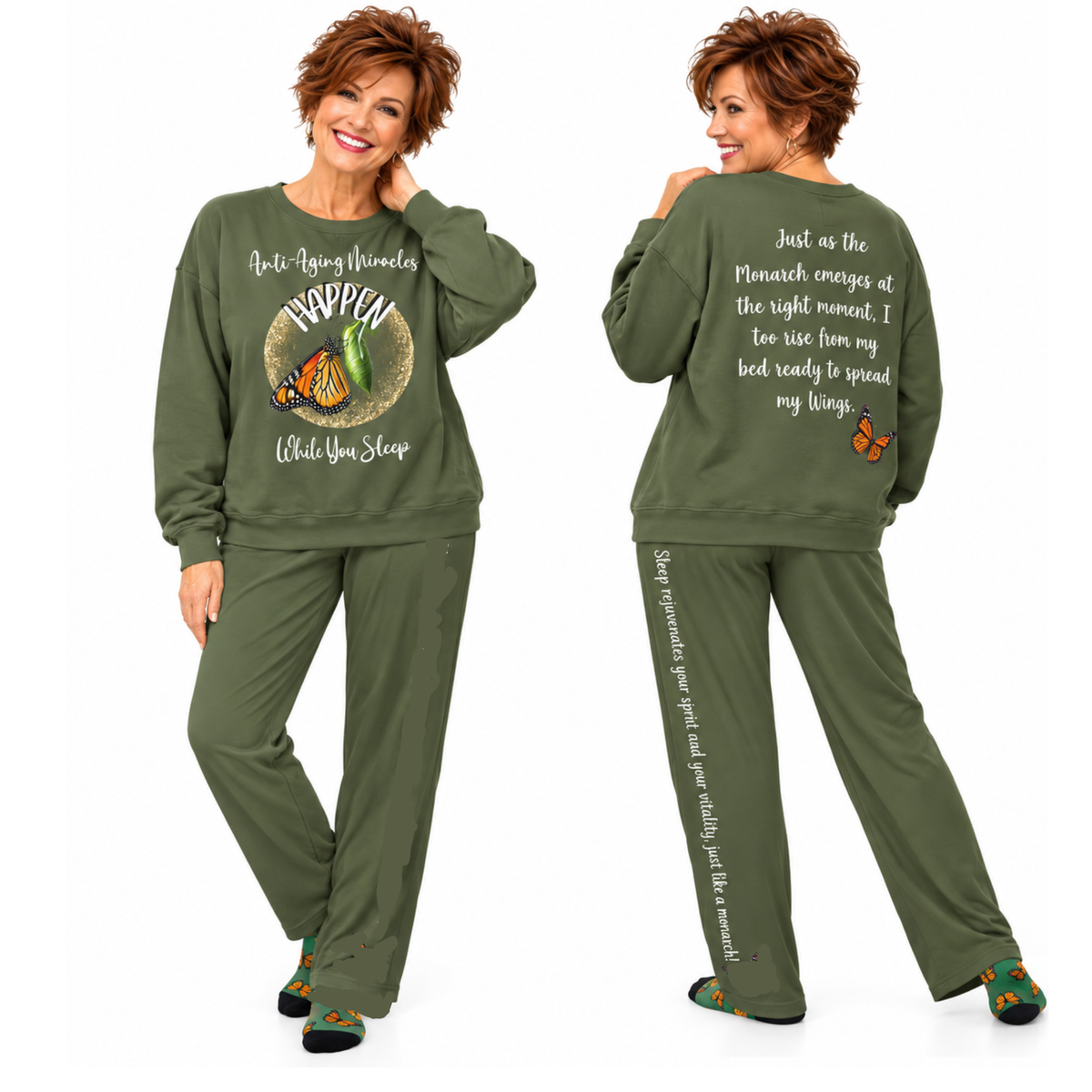 Women's Military Green Sweatshirt Style Pajama Top With-A-Message Mix & Matches CC Blu's PJ Pants & Socks Gift Sets.