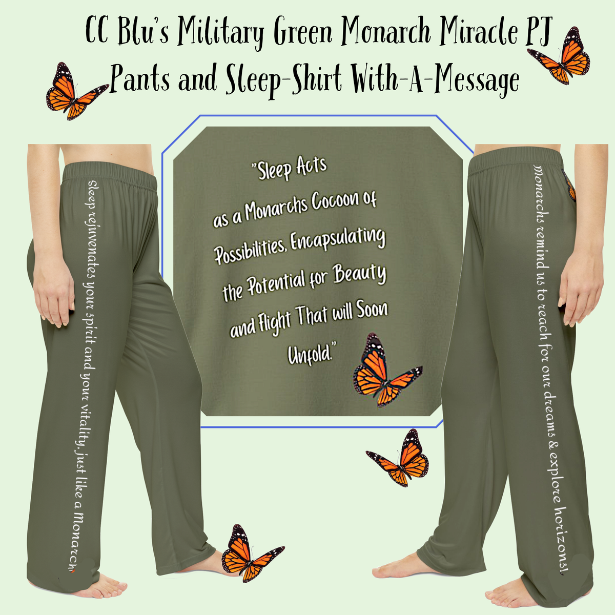 Women's Military Green Sweatshirt Style Pajama Top With-A-Message Mix & Matches CC Blu's PJ Pants & Socks Gift Sets.