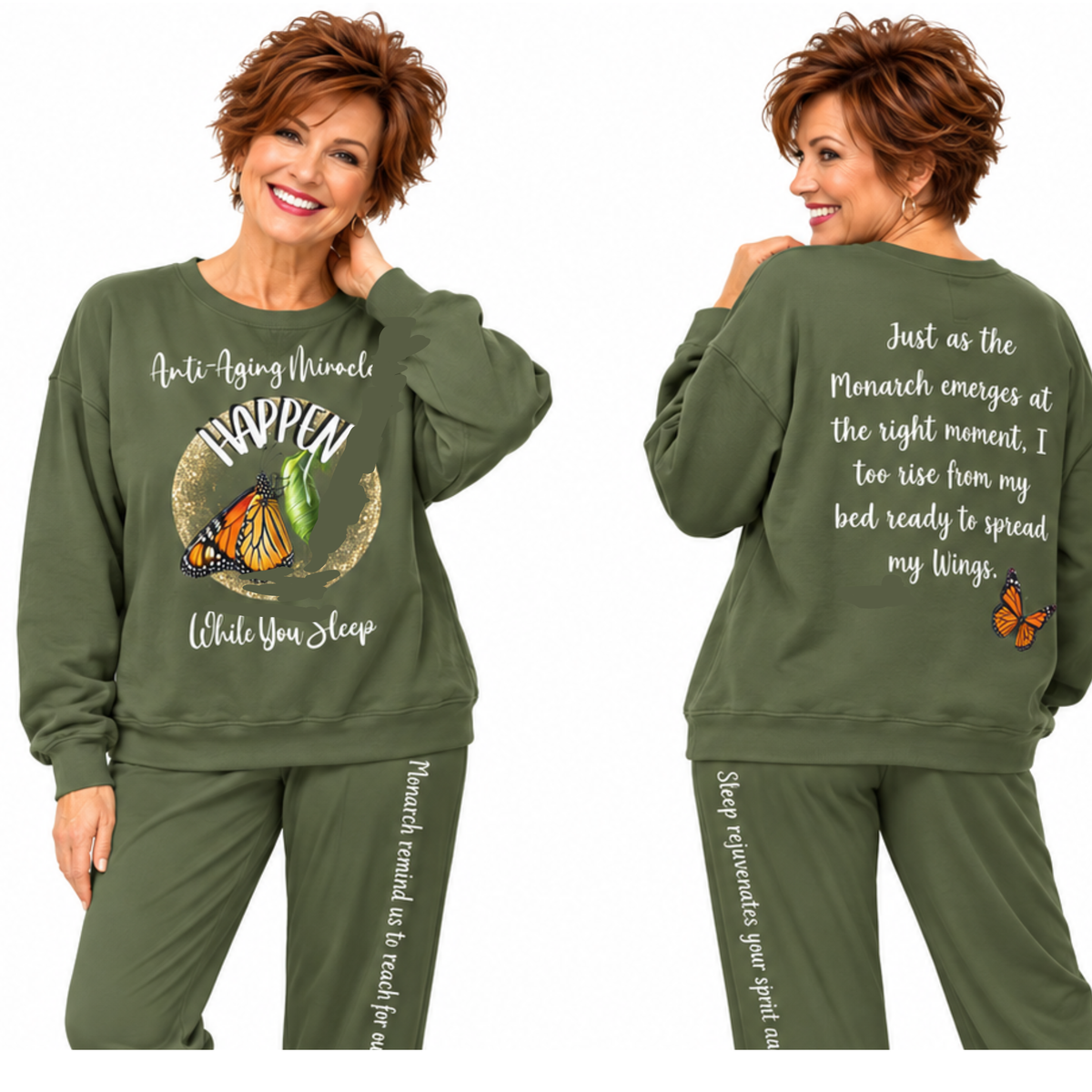 Women's Military Green Sweatshirt Style Pajama Top With-A-Message Mix & Matches CC Blu's PJ Pants & Socks Gift Sets.