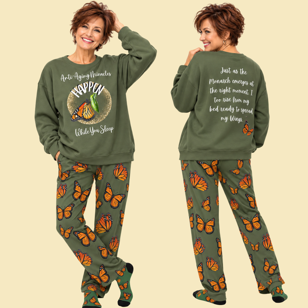 Woman's Inspirational Monarch Miracle Military Green Pajama Bottoms With-A-Message! Mix & Match with CC Blu's SlumberWear