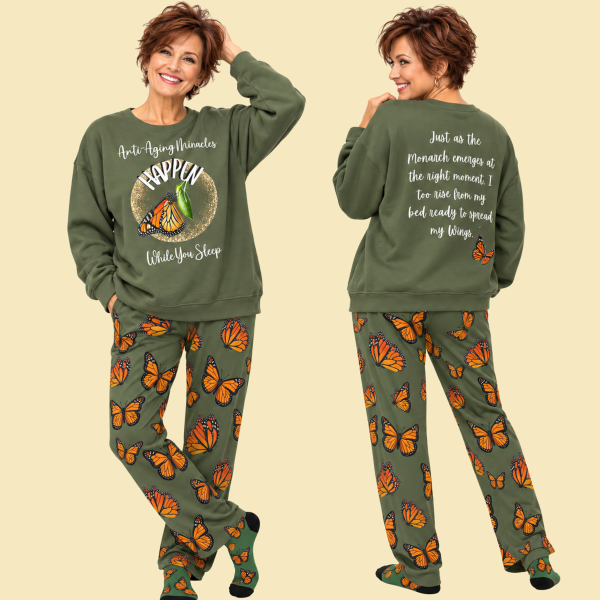 Woman's Inspirational Monarch Miracle Military Green Pajama Bottoms With-A-Message! Mix & Match with CC Blu's SlumberWear