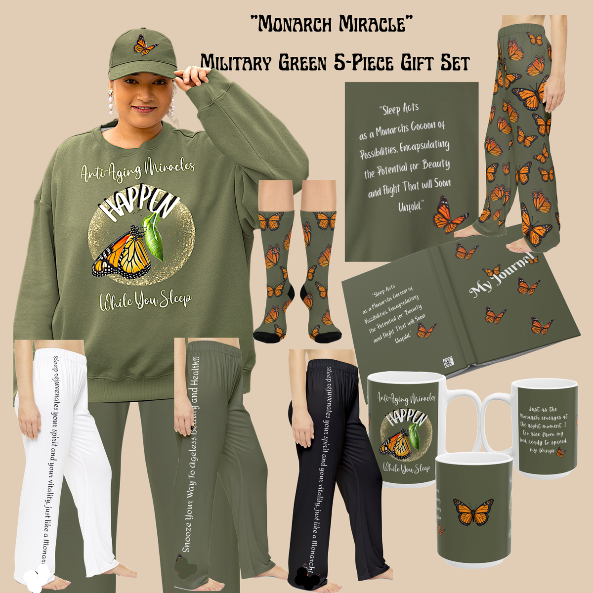 Woman's Inspirational Monarch Miracle Military Green Pajama Bottoms With-A-Message! Mix & Match with CC Blu's SlumberWear