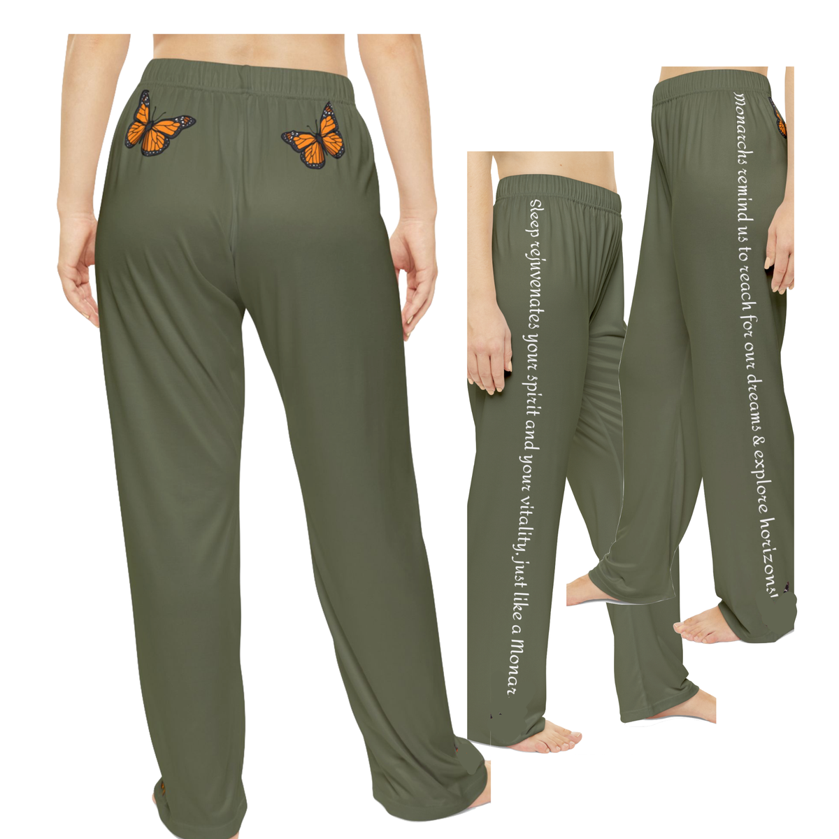 Woman's Inspirational Monarch Miracle Military Green Pajama Bottoms With-A-Message! Mix & Match with CC Blu's SlumberWear