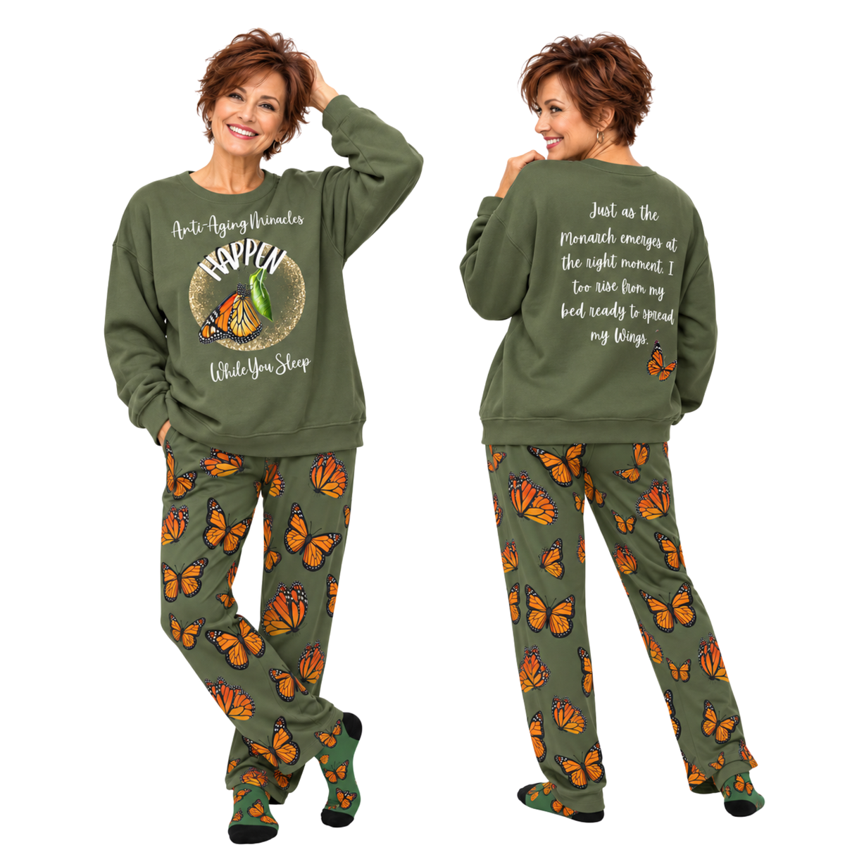 Women's Inspirational Monarch Military Green Butterfly Pajama Pants.  Match Them With CC Blu's Sleep-Tops & Socks!