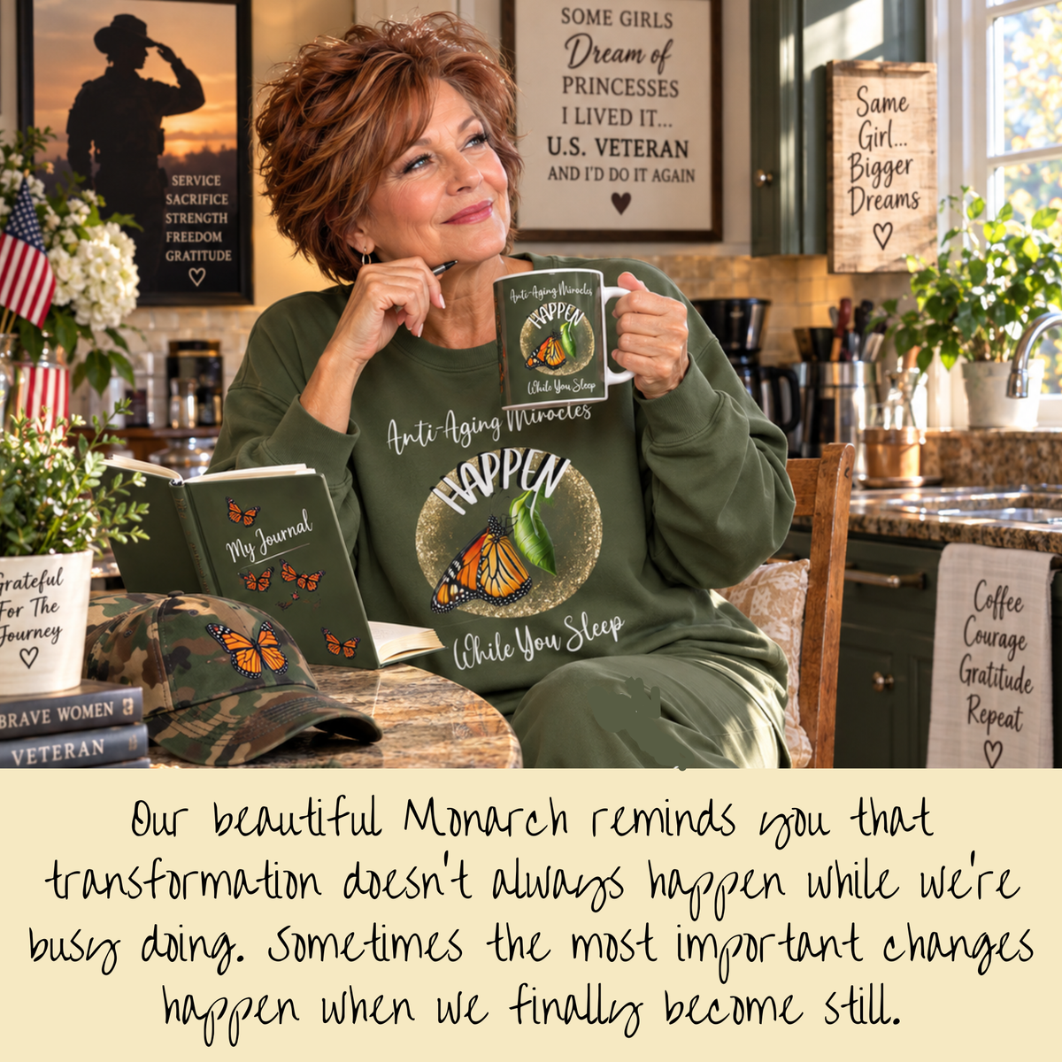 Monarch Miracles Military Green 15 oz Designer "Mug-With-A-Message Pairs with CC Blu's Life-Tracking Morning Journal .
