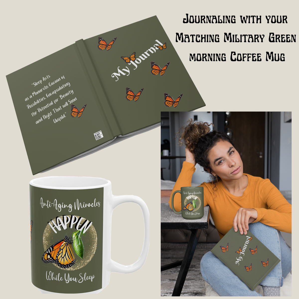 Monarch Miracles Military Green 15 oz Designer "Mug-With-A-Message Pairs with CC Blu's Life-Tracking Morning Journal .