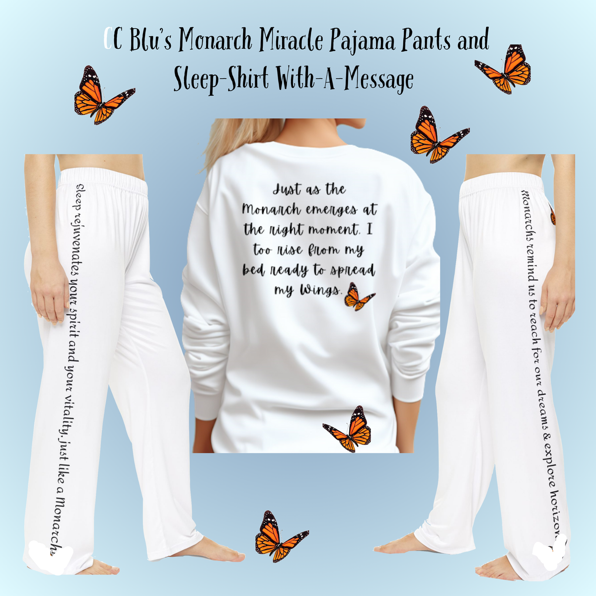 Women's Monarch Miracle Winter White Pajama Pants  With-A-Message. Mix & Match With all CC Blu Monarch Miracle SlumberWear.