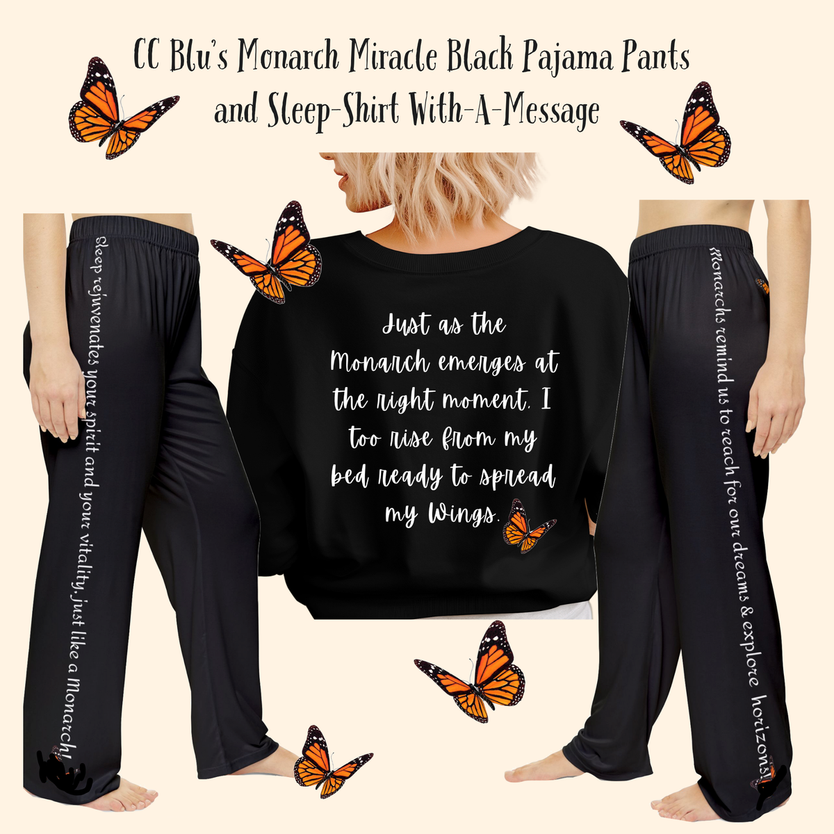 Women's Monarch Miracle Bashful Black Pajama Pants With-A-Message. Match It With CC Blu's SlumberWear Monarch Miracle Collection
