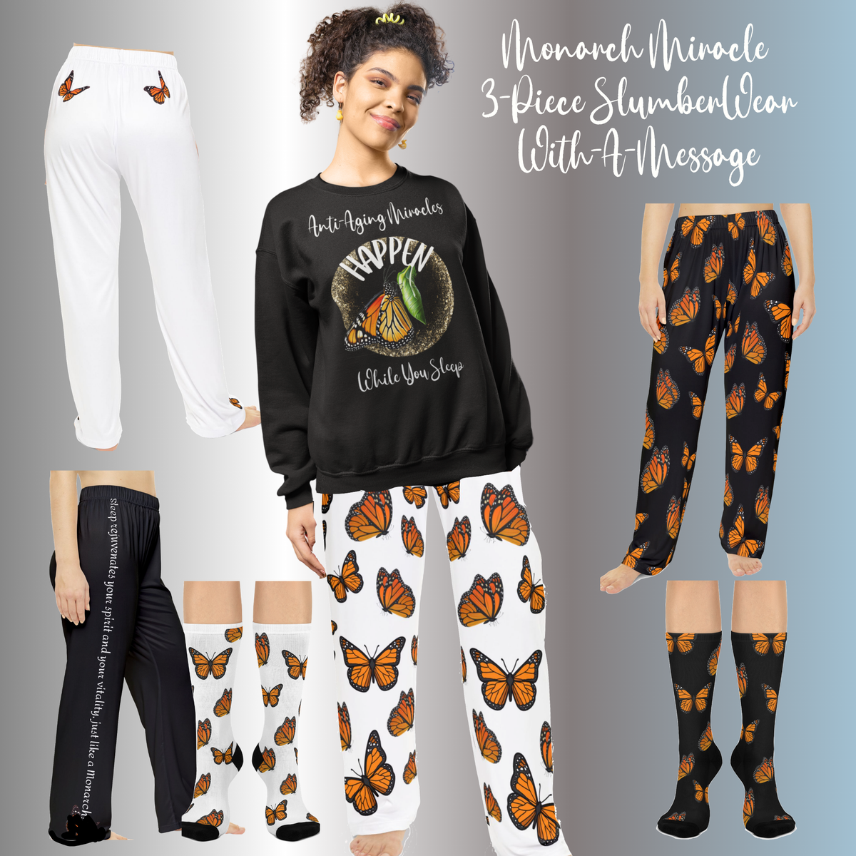 Women's Monarch Miracle Bashful Black Pajama Pants With-A-Message. Match It With CC Blu's SlumberWear Monarch Miracle Collection