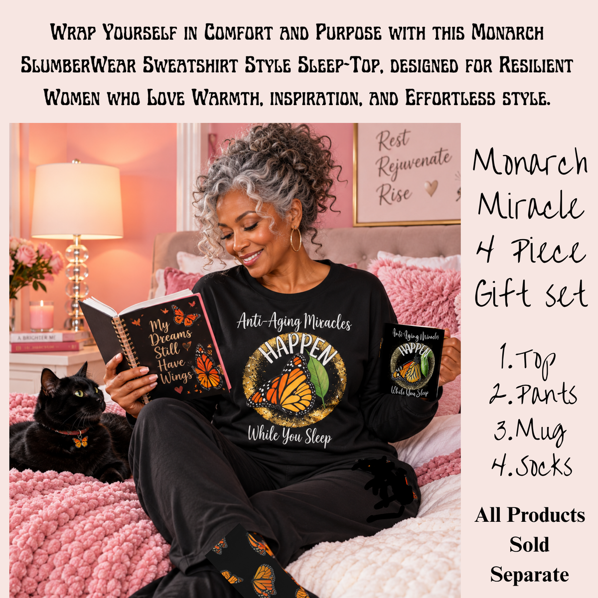 Women's Monarch Miracle Bashful Black Pajama Pants With-A-Message. Match It With CC Blu's SlumberWear Monarch Miracle Collection