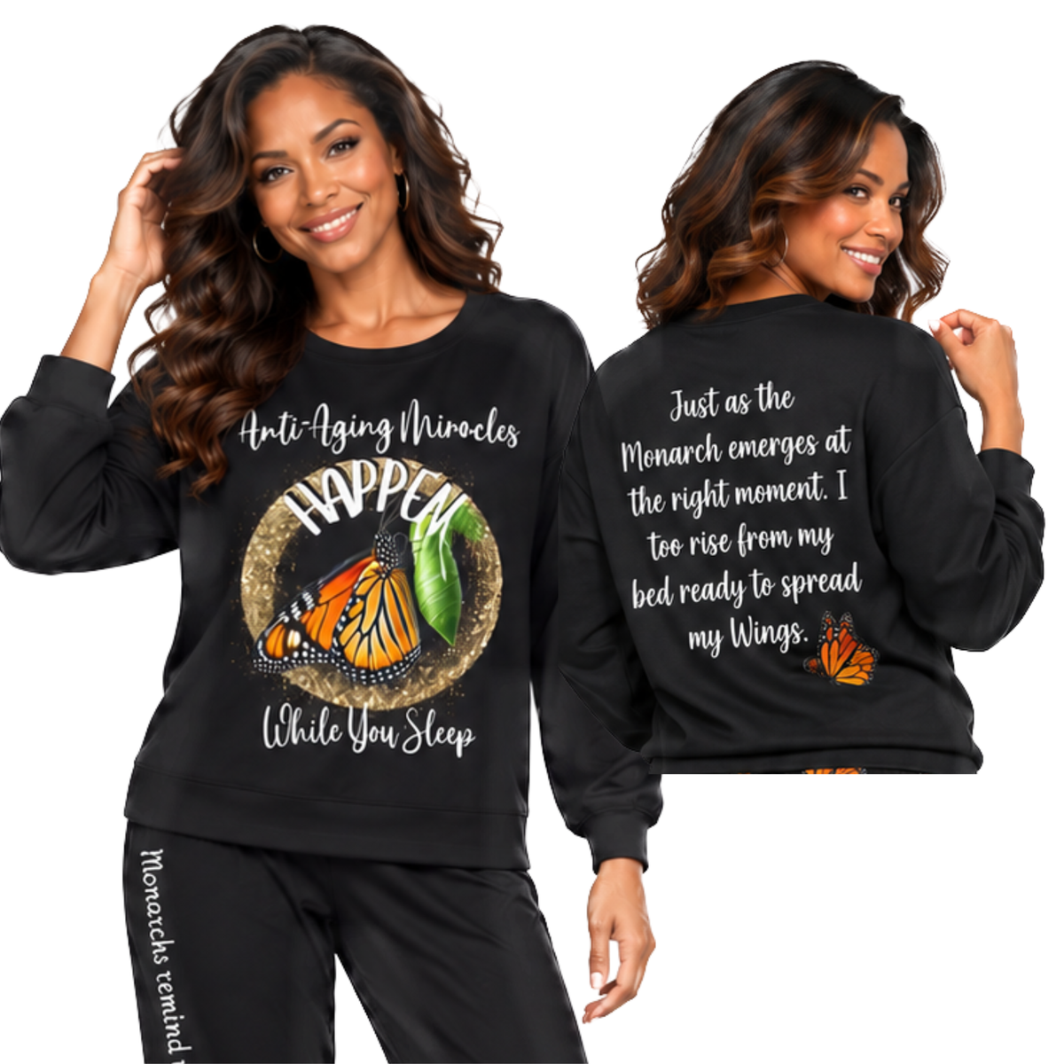 Women's Monarch Miracle Inspirational Black Sweatshirt-Style Pajama Sleep-Top With-A-Message!  Pair It With Matching PJ Pants