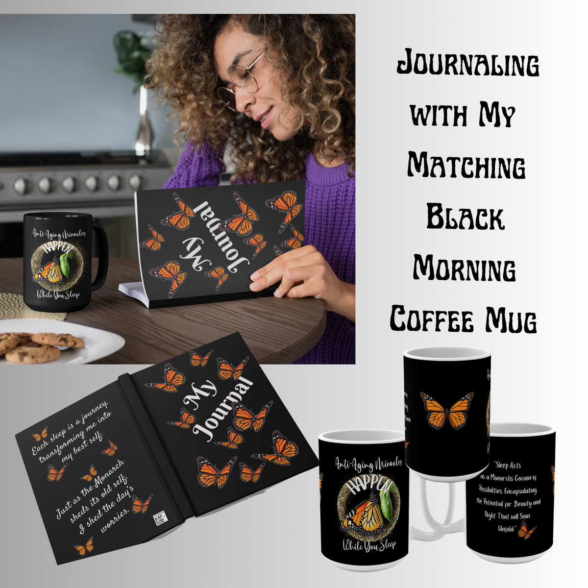 Mug — "Anti-Aging Miracles Happen While You Sleep" Monarch Butterfly 15oz Black Inspirational Morning Coffee Mug.