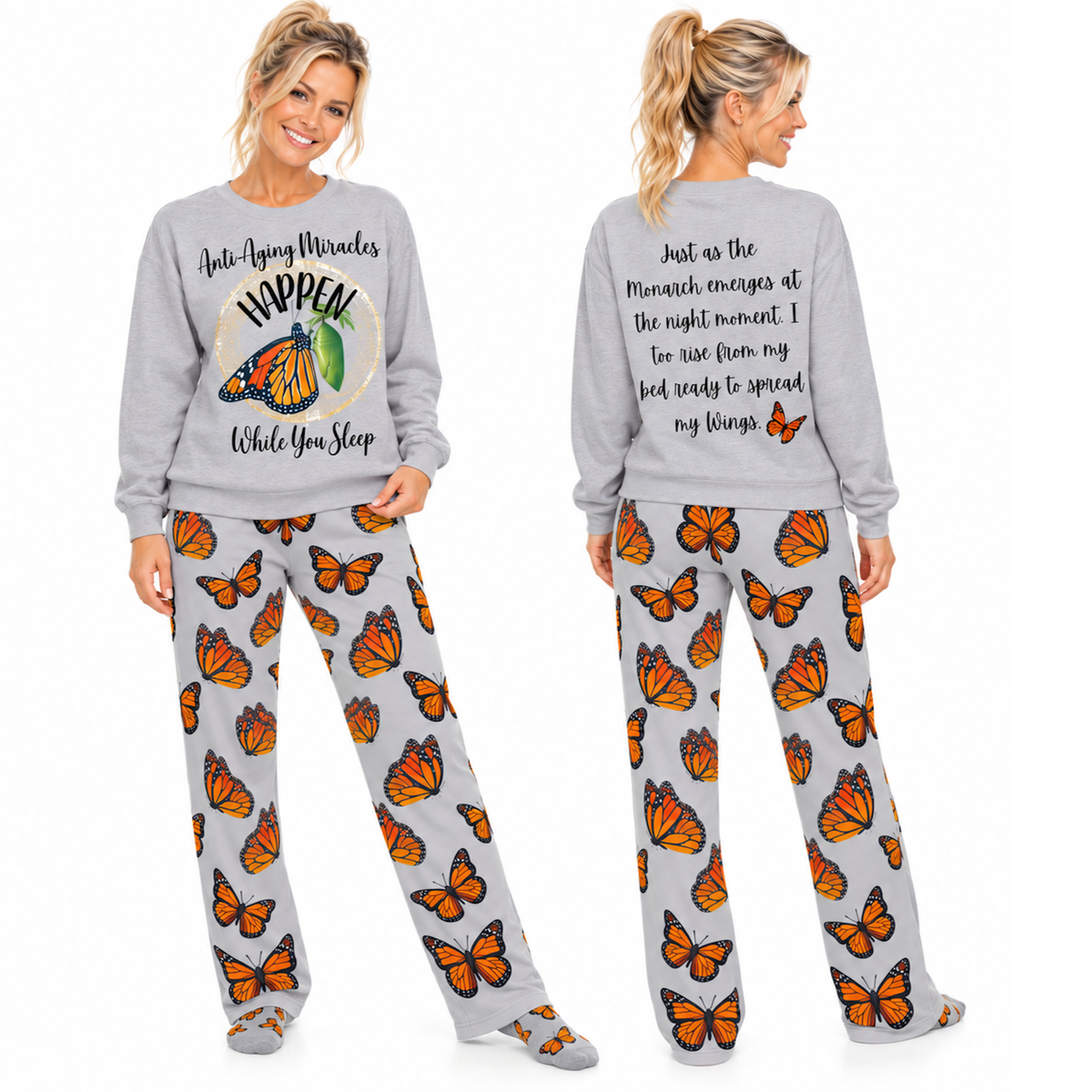 Women's Monarch Miracle Inspirational Sport Grey Butterfly Pajama Pants. Made to Mix & Match CC Blu's Butterfly SlumberWear.