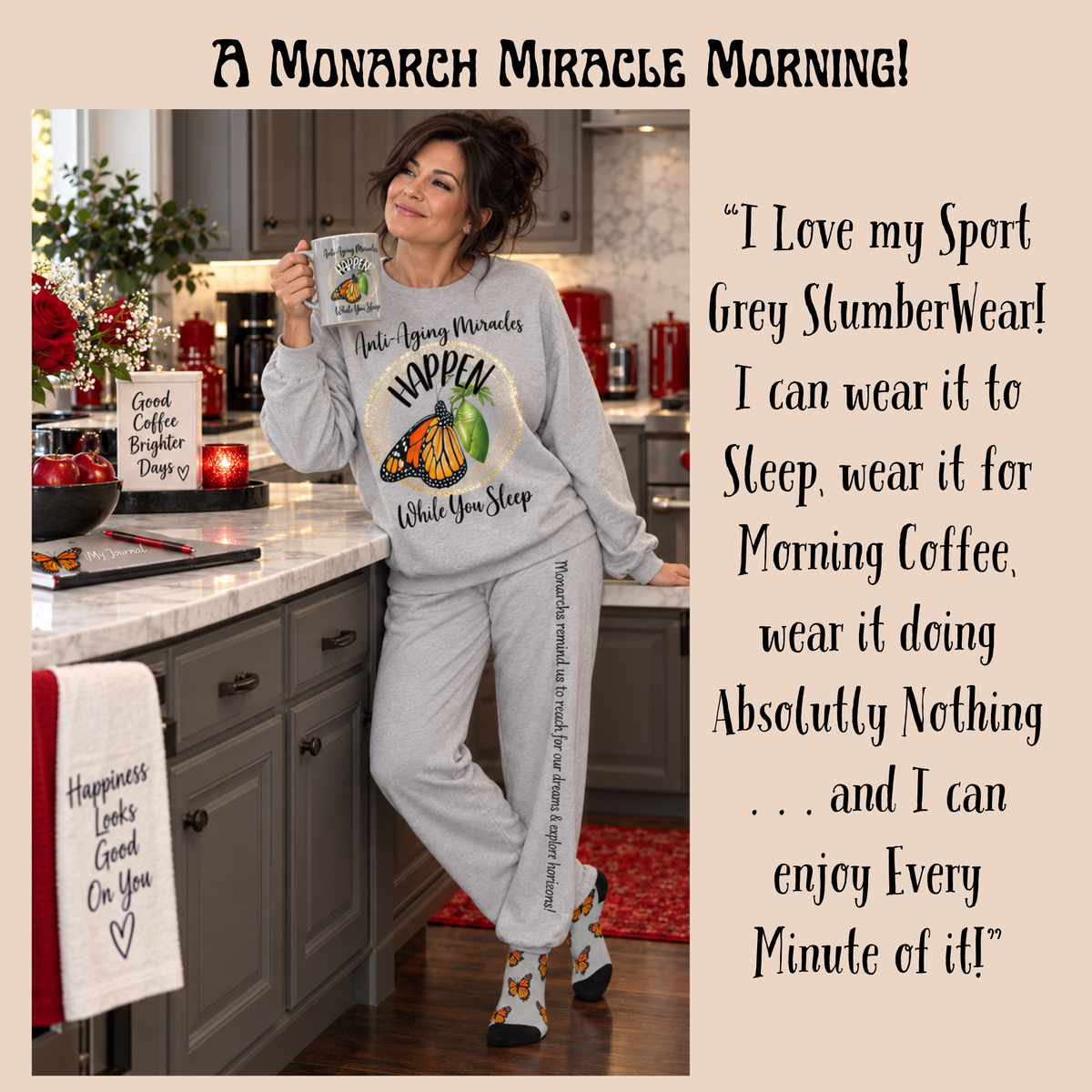 Women's Monarch Miracle Inspirational Sport Grey Butterfly Pajama Pants. Made to Mix & Match CC Blu's Butterfly SlumberWear.