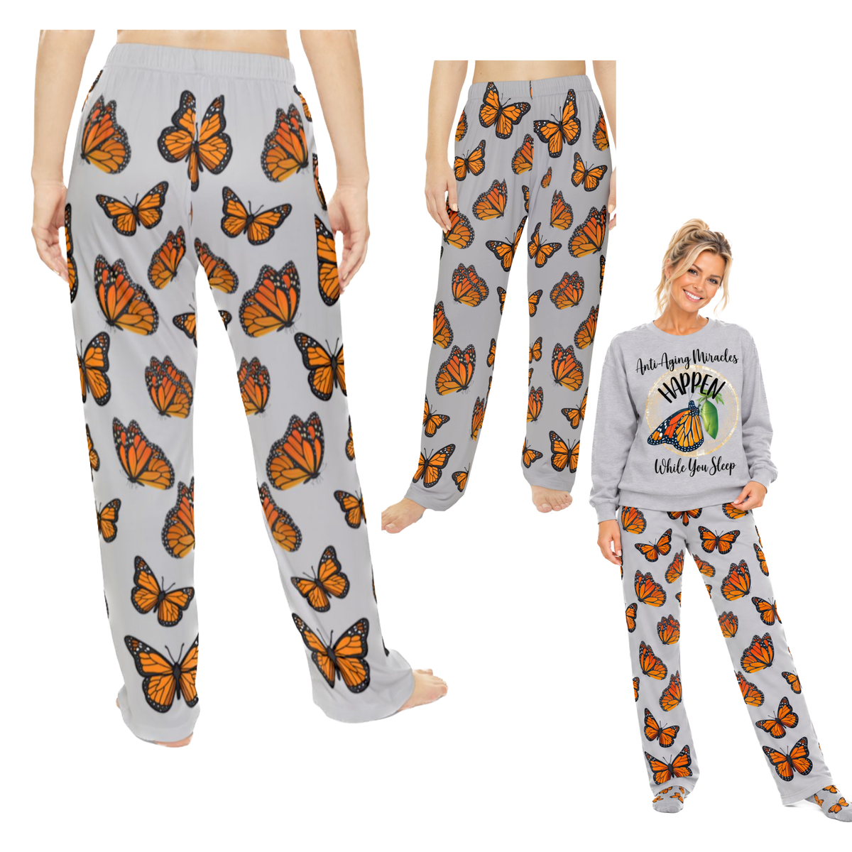 Women's Monarch Miracle Inspirational Sport Grey Butterfly Pajama Pants. Made to Mix & Match CC Blu's Butterfly SlumberWear.
