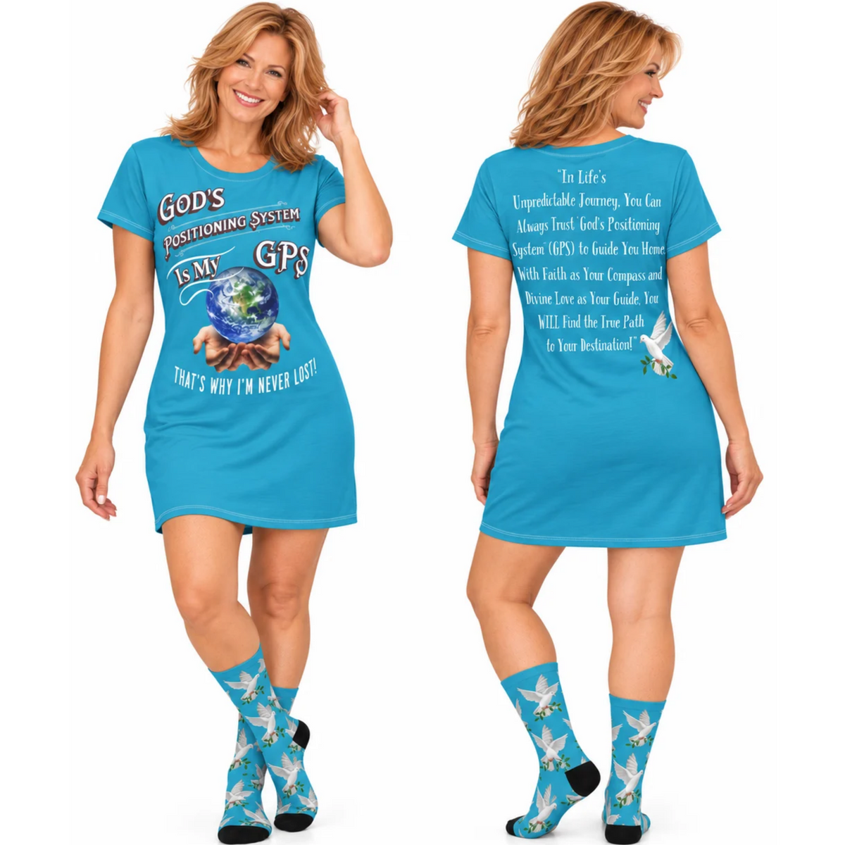 GPS God's Positioning System Inspiration Timeless-Teal Sleeper T-Dress With-A-Message, Match It With CC Blu Little-Boy Shorts & Socks