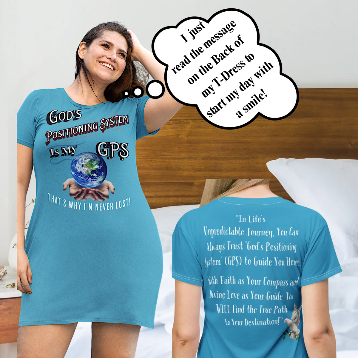 GPS God's Positioning System Inspiration Timeless-Teal Sleeper T-Dress With-A-Message, Match It With CC Blu Little-Boy Shorts & Socks