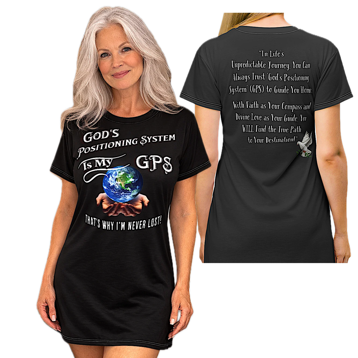 GPS God's Positioning Systems Inspirational Beyond Black Sleep-Shirt T-Dress With-A-Message. Match With CC Blu Undies & Socks