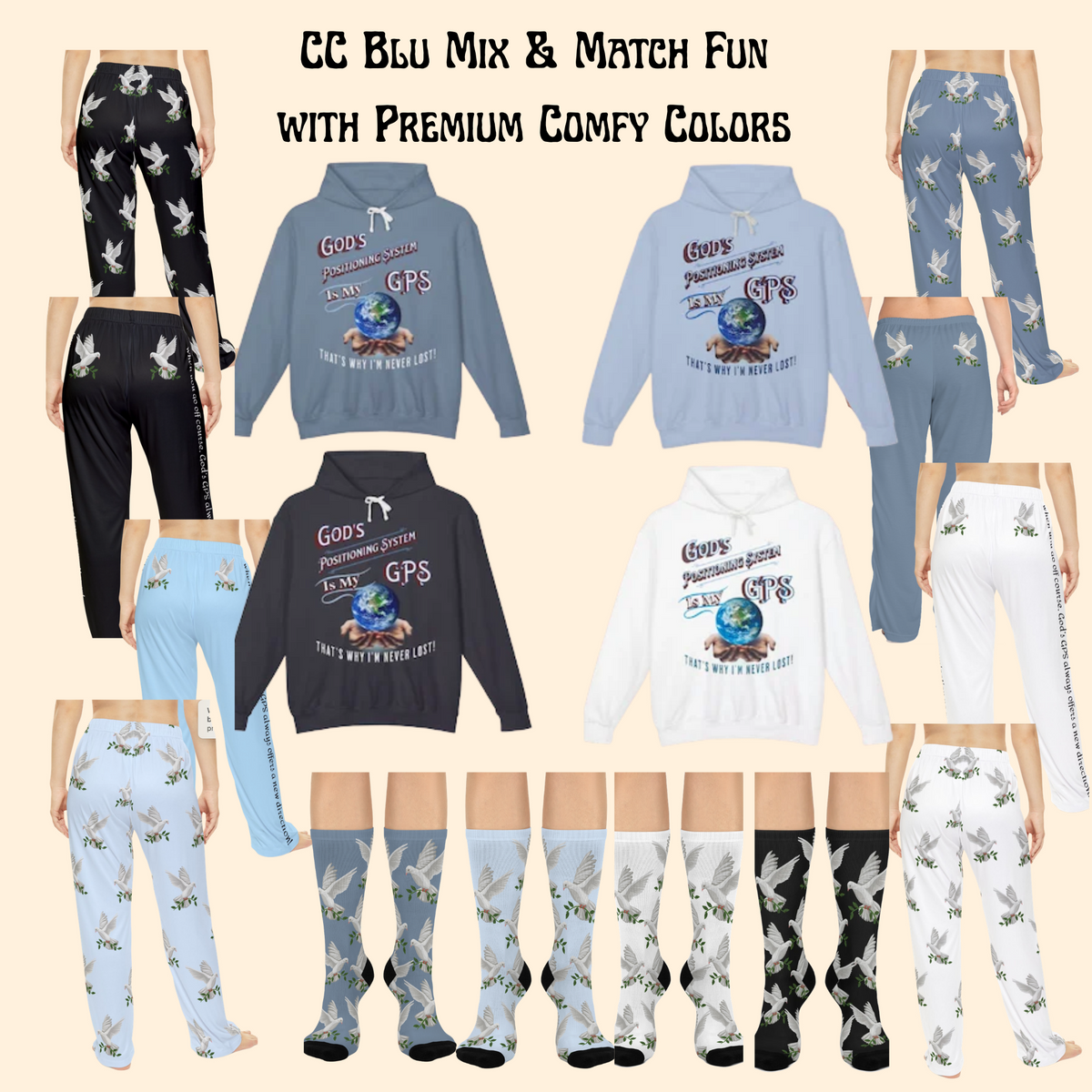 God's Positioning System-GPS-Dove Of Peace Black Socks, Bring Style To Your Feet! Match It-With With CC Blu's Sleeper T-Dress.
