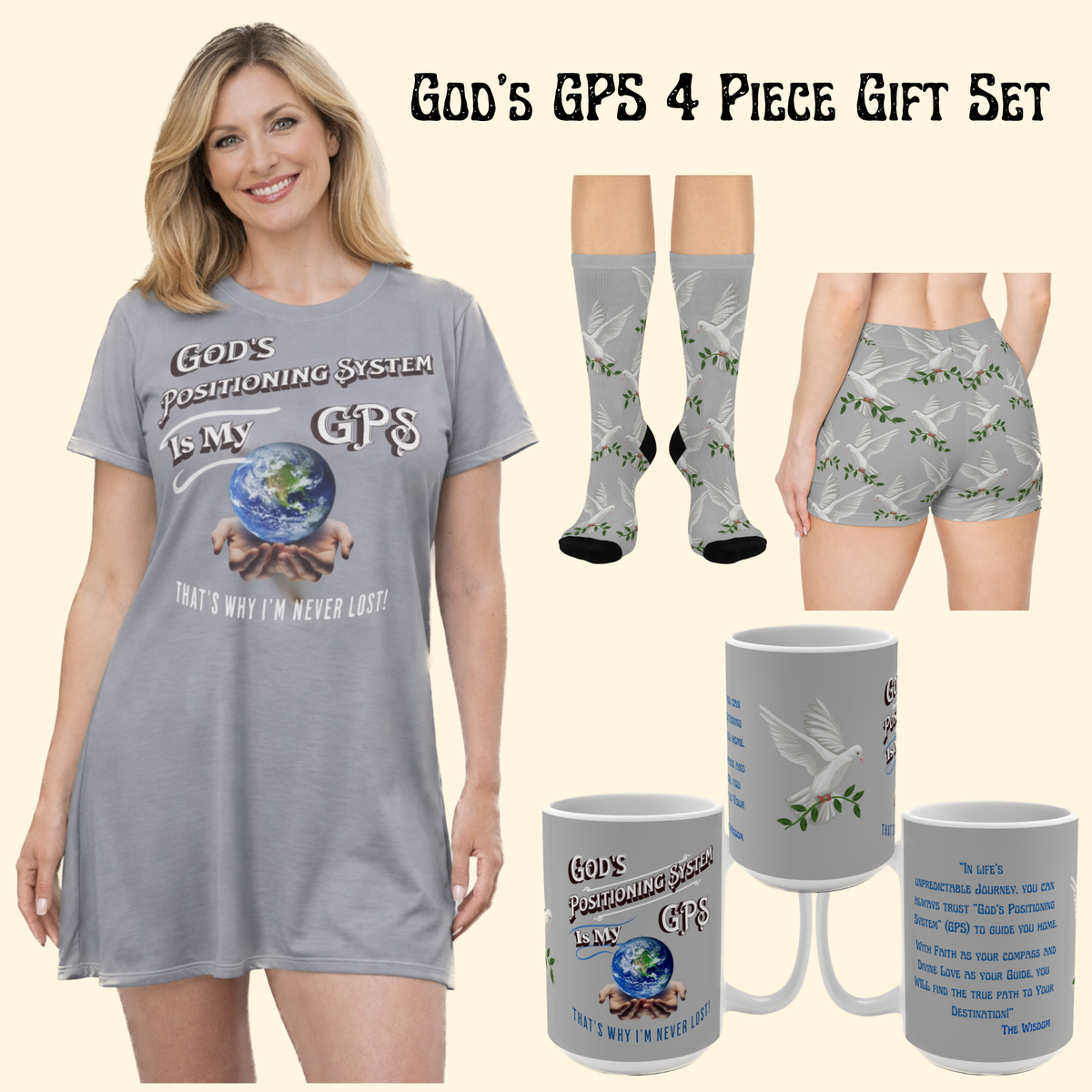 Inspirational Grey PeaceDove Mug — "God's Positioning System Is My GPS" 15oz Coffee Mug With-A-Message