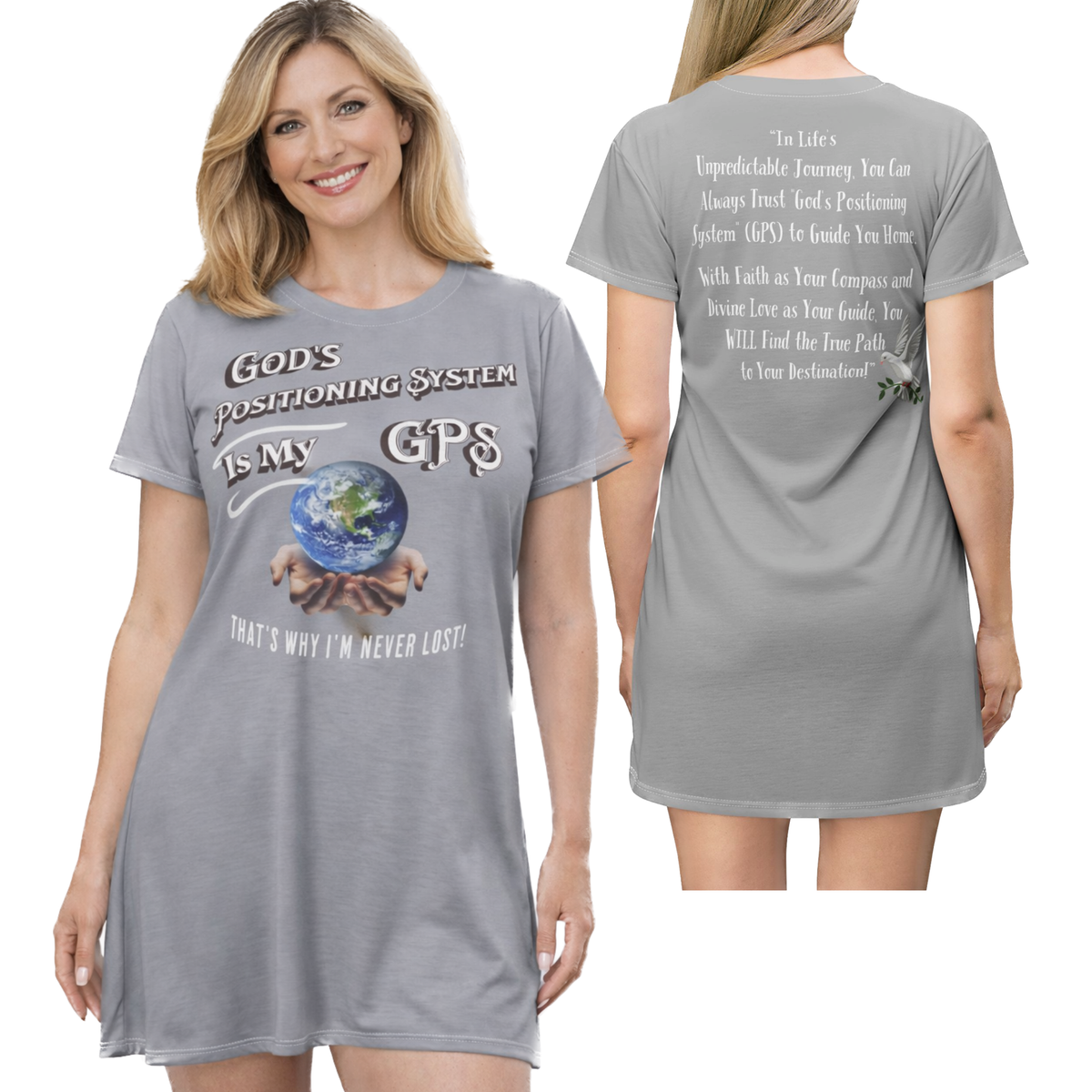 GPS God's Positioning System Gifted Grey SleeperT-Dress With-A-Message. Match With CC Blu SlumberWear Sleep-Shorts & Socks.