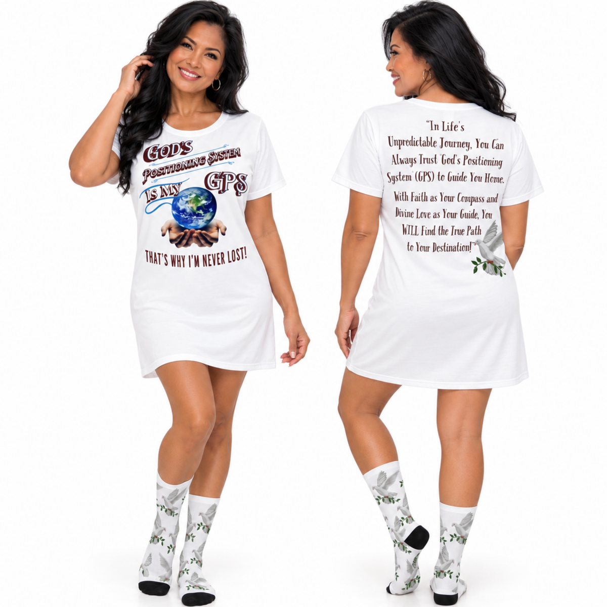 GPS God's Positioning System Wake-Up White SleeperT-Dress With-A-Message. Match With CC Blu SlumberWear Sleep-Shorts & Socks.