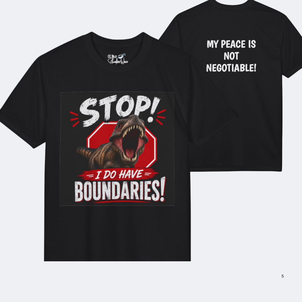 Stop! I Do Have Boundaries Black 15 oz Morning Mug — Funny T-Rex Coffee Cup for Boundary-Setting