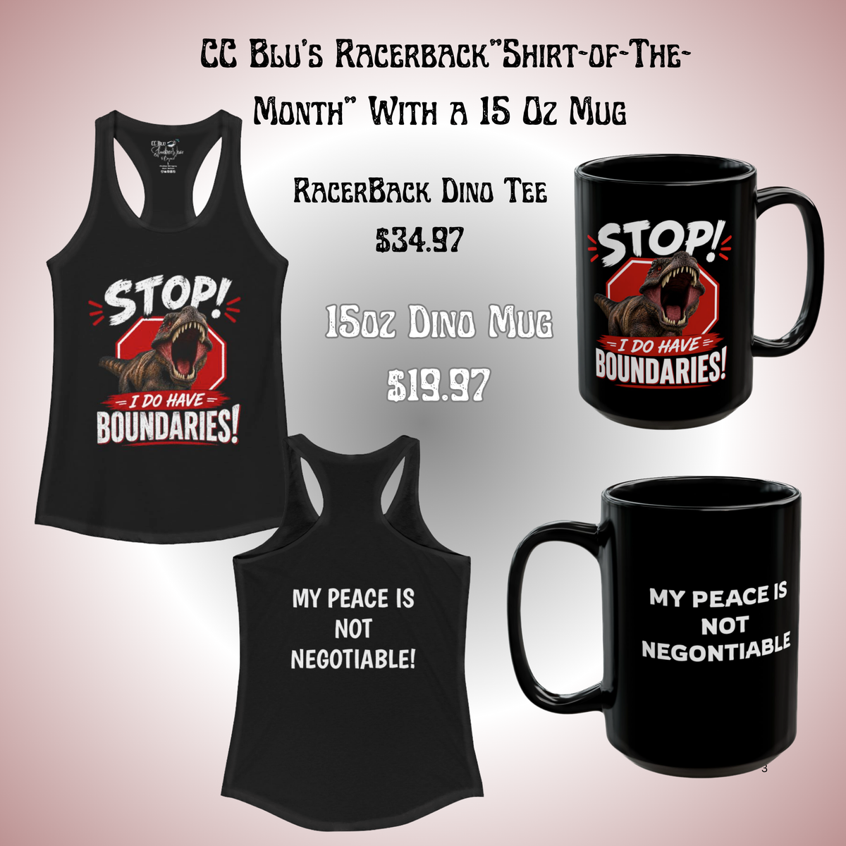 Stop! I Do Have Boundaries Black 15 oz Morning Mug — Funny T-Rex Coffee Cup for Boundary-Setting